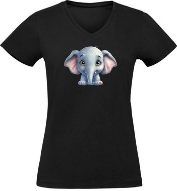 MyDesign24 T-Shirt Damen Wildtier Print Shirt - Baby Elefant V-Ausschnitt Baumwollshirt mit Aufdruck Slim Fit, i272