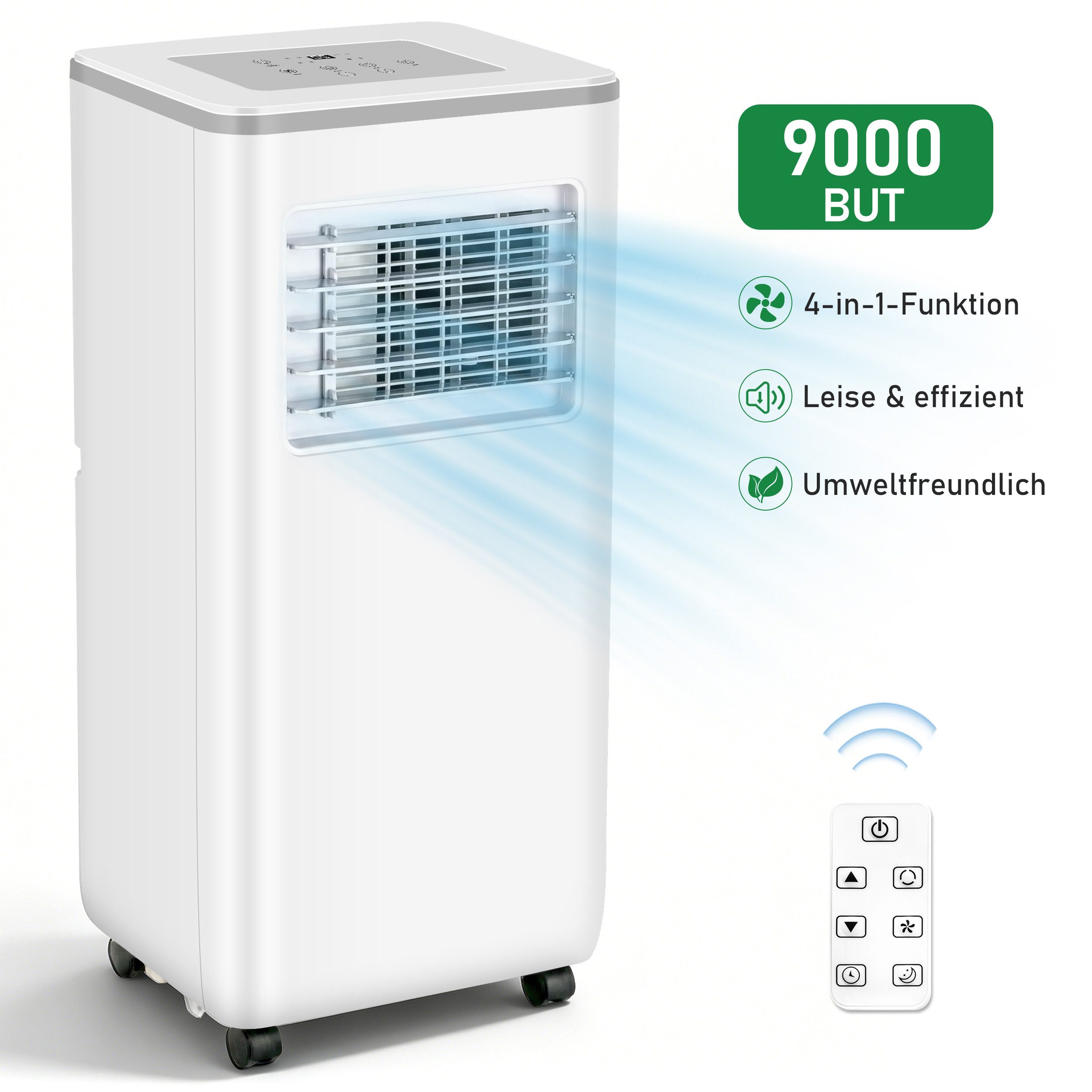 WHEELYOU 4-in-1-Klimagerät 9000 BTU, Klimagerät mit Fensterkit für 20–30 m², Mobile Klimaanlage mit Fernbedienung, Timer & Schlafmodus