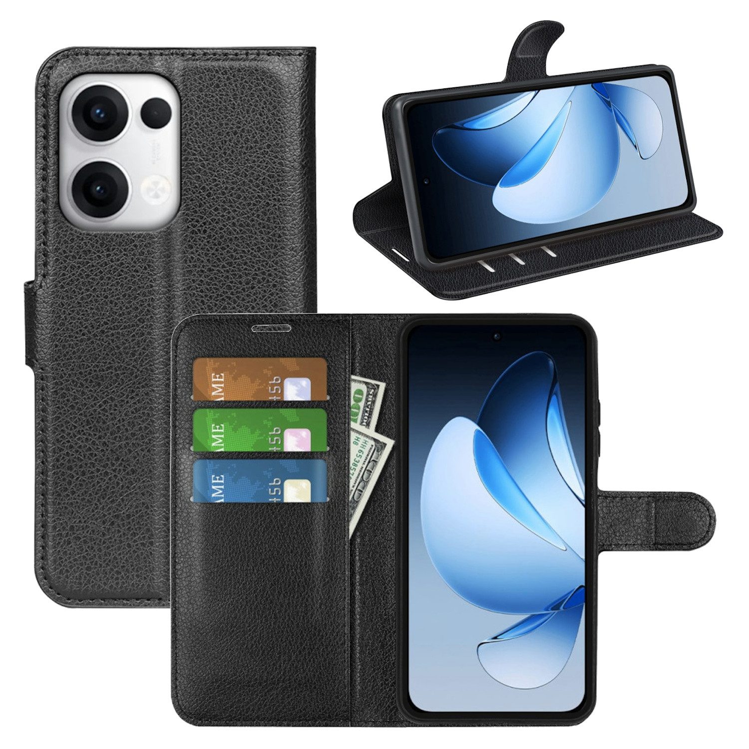 Wigento Smartphone-Hülle Für Oppo Reno 13 Pro 5G Kunstleder Book Wallet Tasche Hülle Schwarz, Kunstleder Hülle mit Kartenfächern und Standfunktion