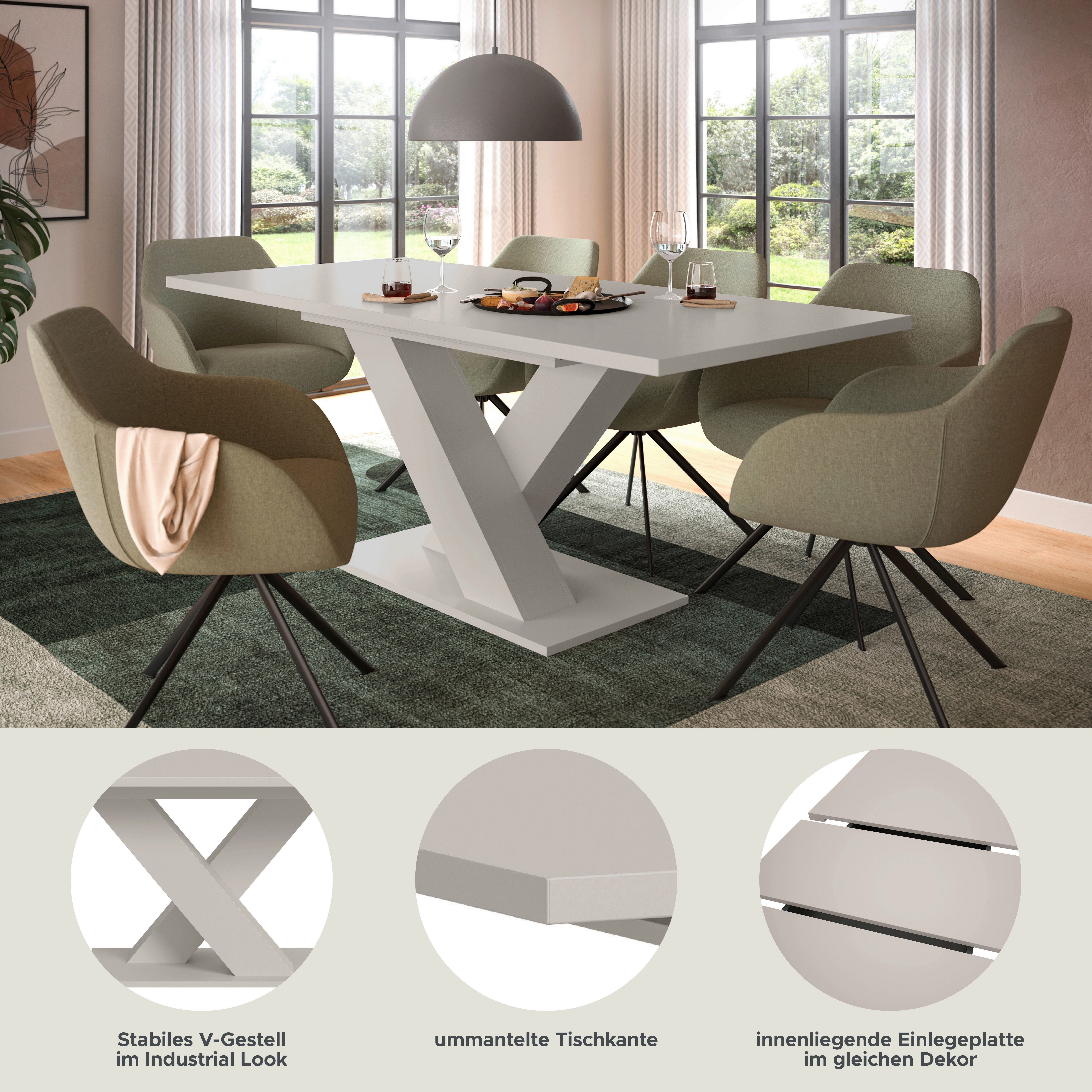 Home affaire Esstisch Motus, ausziehbar 150 -190 cm, inklusive 40 cm Einlegeplatte (Set, 1-St), X-Gestell mit Bodenplatte, Tisch, Küchentisch, Esszimmer, Küche