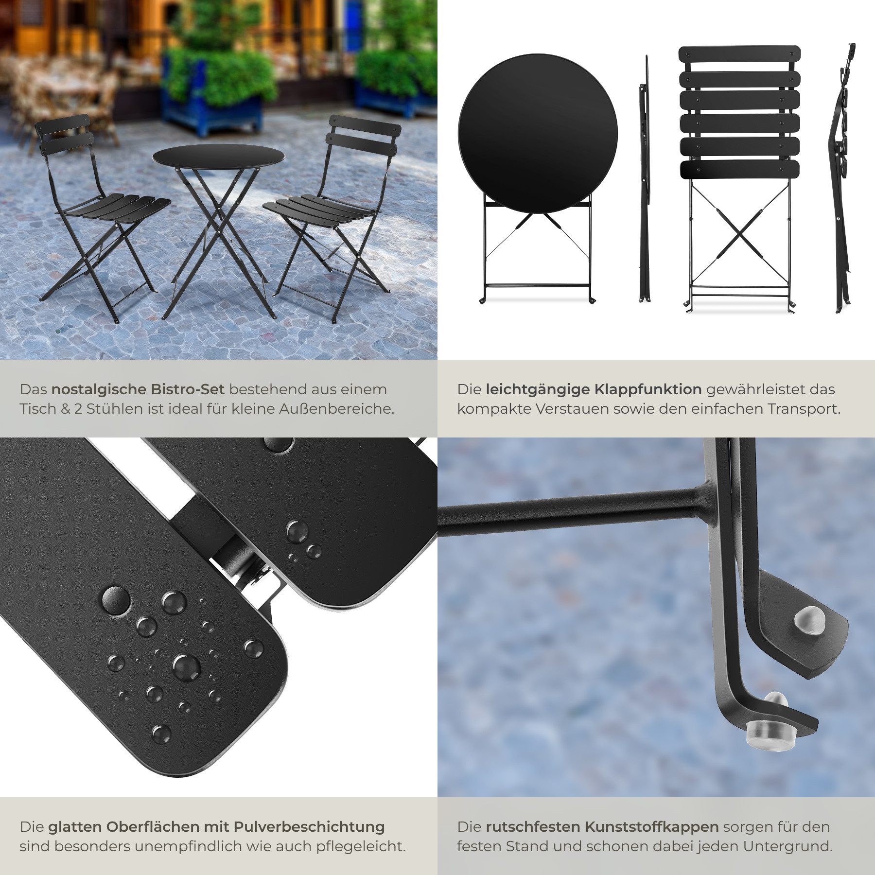 tectake Essgruppe Bistrotisch Set für 2 Personen, Belastbarkeit Stuhl 120 kg, (Bistrotisch Frieda, 3-tlg., in schwarz), klappbar, widerstandsfähig, UV-beständig – Bild 5 von 5