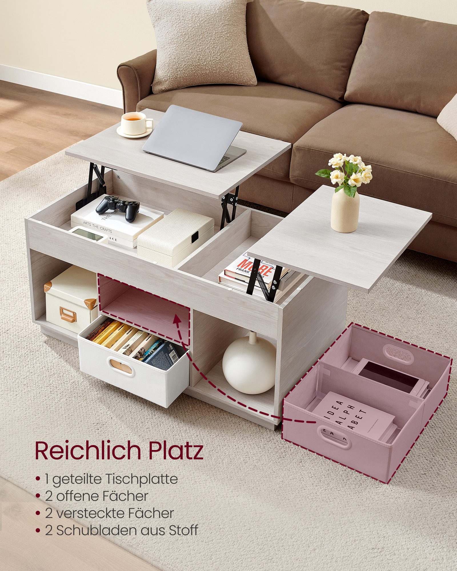 VASAGLE Couchtisch höhenverstellbarer Wohnzimmertisch, für Wohnzimmer, Homeoffice (inkl. Zubehörpaket & Anleitung), 2 Schubladen und versteckte Fächer, Kaffeeti – Bild 5 von 5