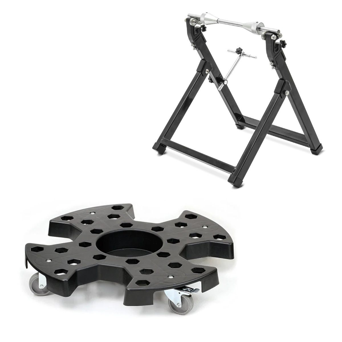 ConStands Reifenwuchtmaschine Set: Wuchtbock # WU-2 Auswuchtgerät schwarz + Reifenrollbrett RR1 für