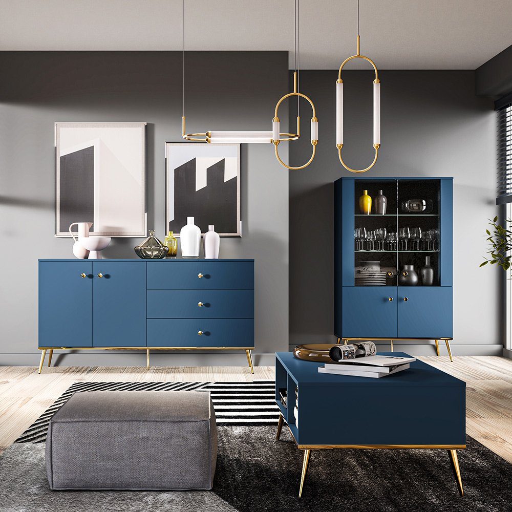 Lomadox Wohnzimmer-Set MONTPELLIER-131, (Mega-Spar-Set, 3-St., 3-tlg), dunkelblau, LED-Beleuchtung, Füße & Griffe goldfarben, mit Couchtisch