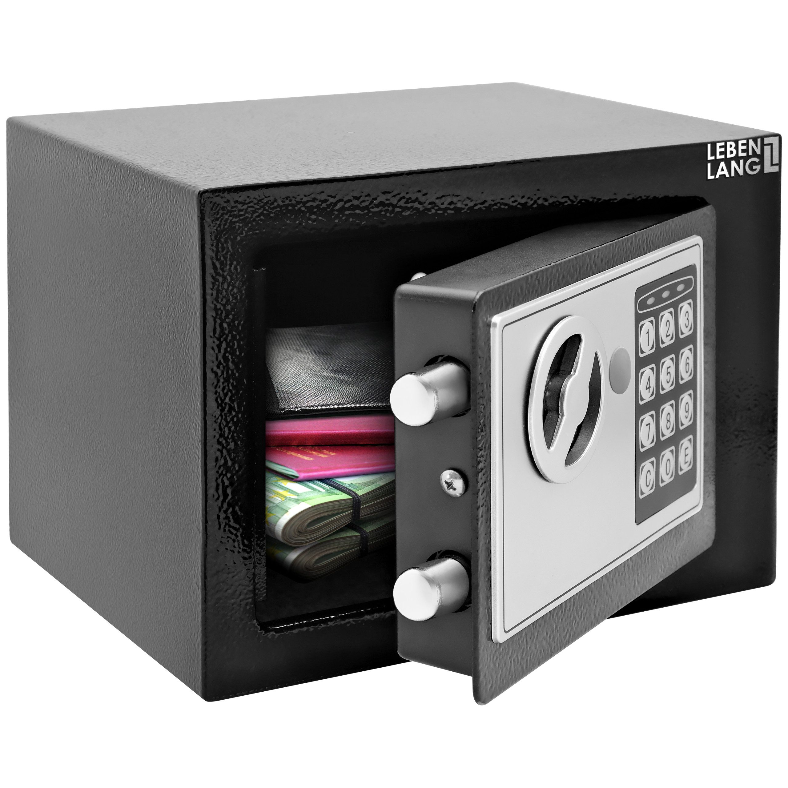 Lebenlang Tresor 5L Elektronischer Safe für Zuhause + feuerfeste Tasche & Notschlüssel (1 Fachboden), Doppelverriegelung, für wichtige Papiere, Bargeld und Wertsachen