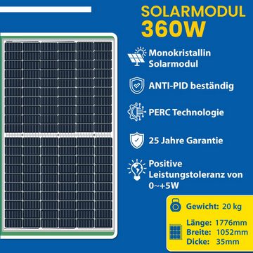 EPP.Solar Solaranlage 720W/800W Balkonkraftwerke Komplettset Photovoltaik Solaranlage, (360W Solarmodul Plug & Play Neu Generation Upgradefähiger 800W Deye WIFI Wechselrichter mit Relais drosselbar auf 800W/600W inkl. 10m Schuckostecker)