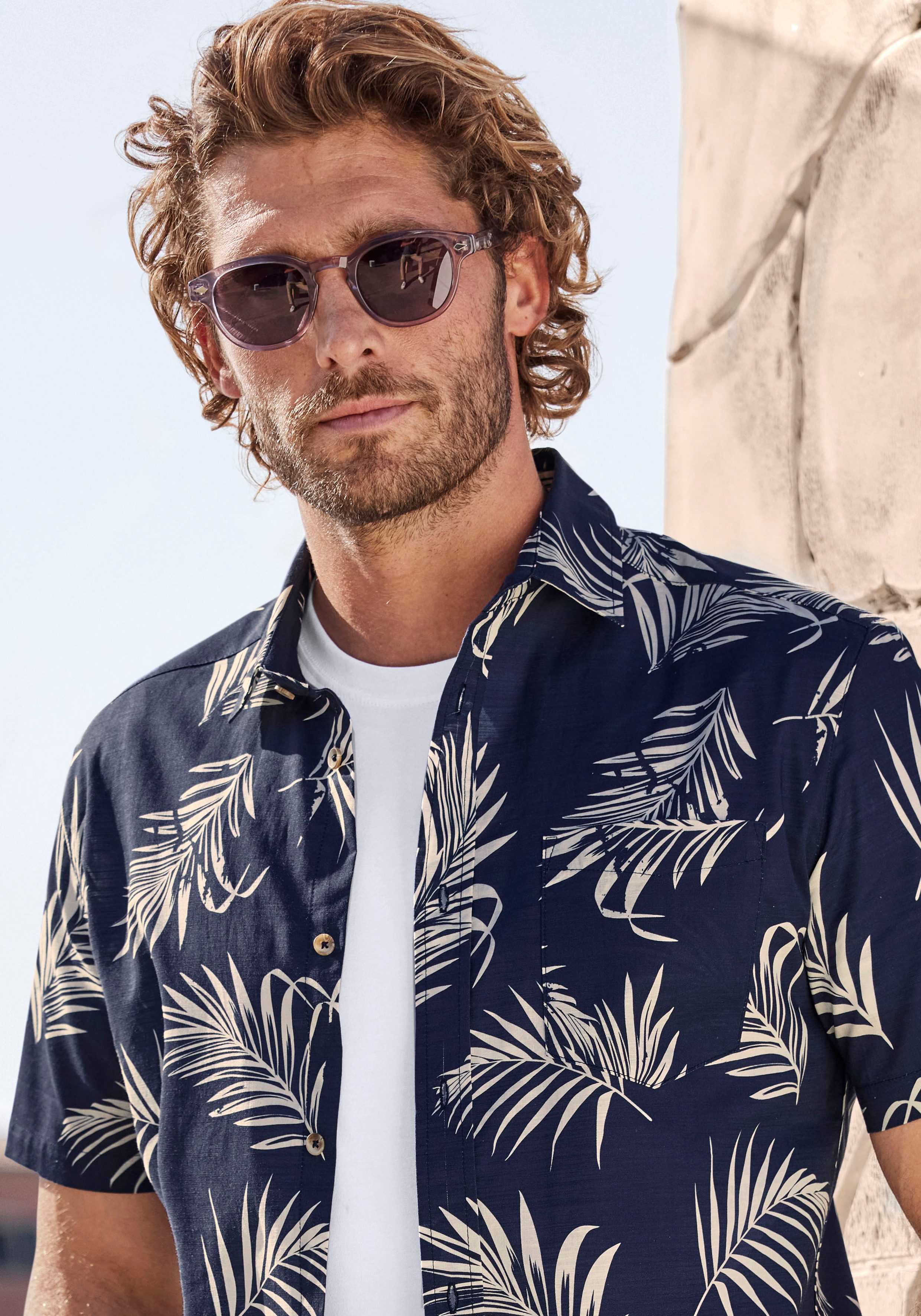 John Devin Hawaiihemd Regular fit Kurzarm, Freizeithemd mit Palmenprint aus reiner Baumwolle