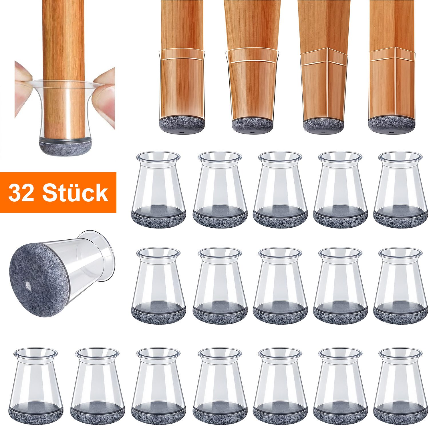 HEYHIPPO Stuhlbezug 32x Möbelgleiter – Filz & Silikon, kratzfest & leise, für Holzböden, Möbelgleiter 23x30 mm für Stuhlbeine – schützt Holzböden