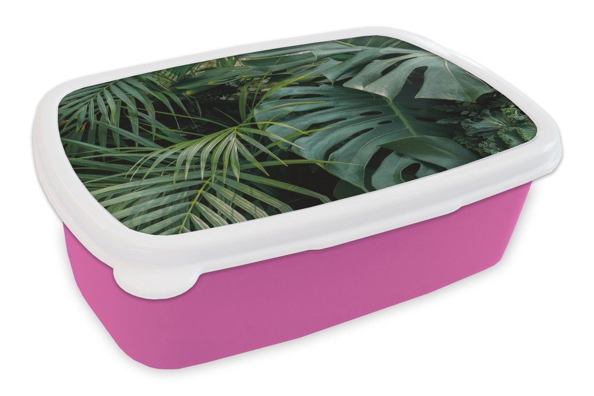 Blätter Dschungel (2-tlg), Snackbox, - Kunststoff - für Lunchbox Mädchen, Kinder, Erwachsene, rosa Pflanzen Kunststoff, Brotdose Tropisch, - Brotbox MuchoWow