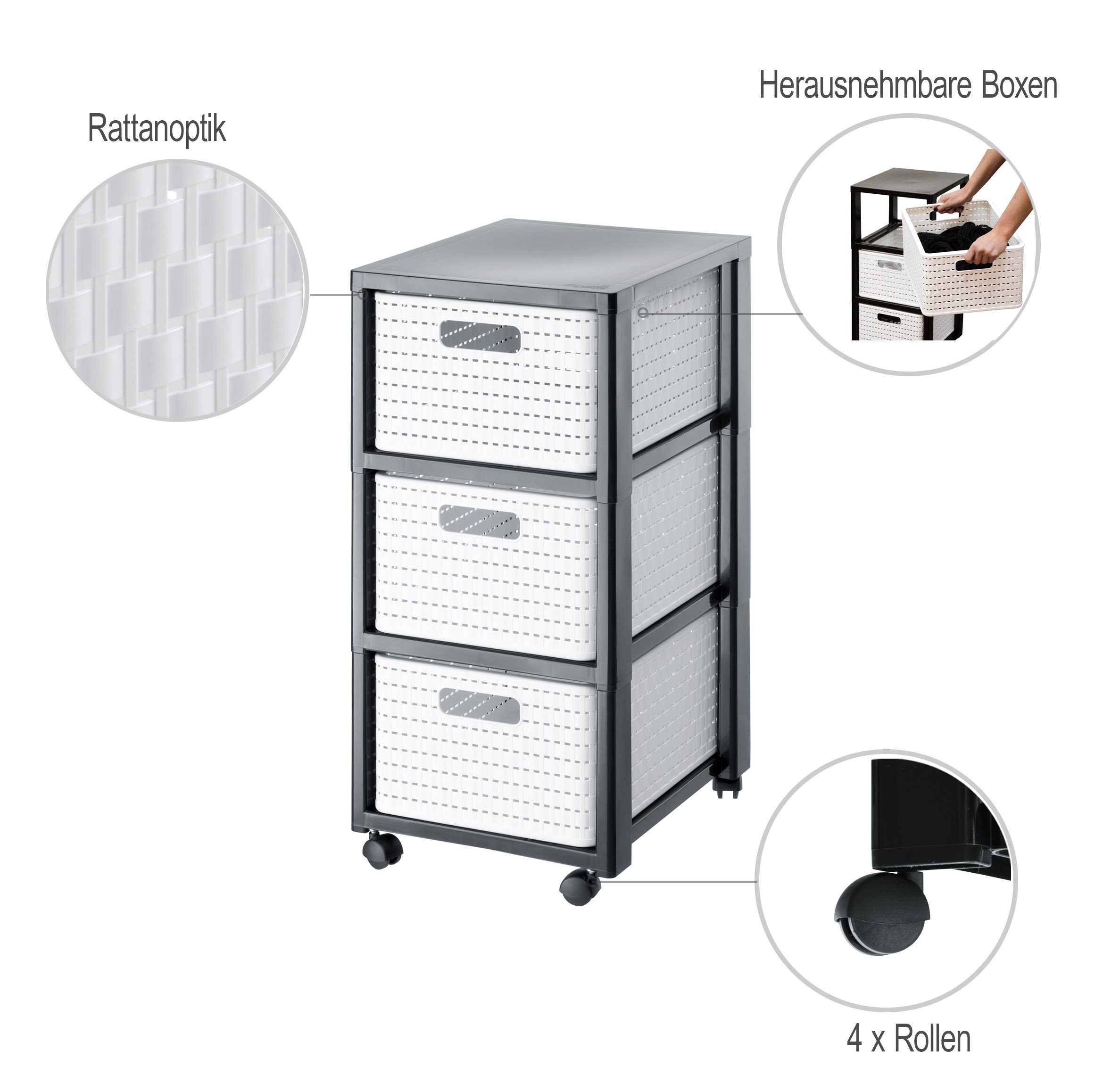 ROTHO Aufbewahrungsbox Country Rollcontainer mit 3 Schubladen in Rattan-Optik
