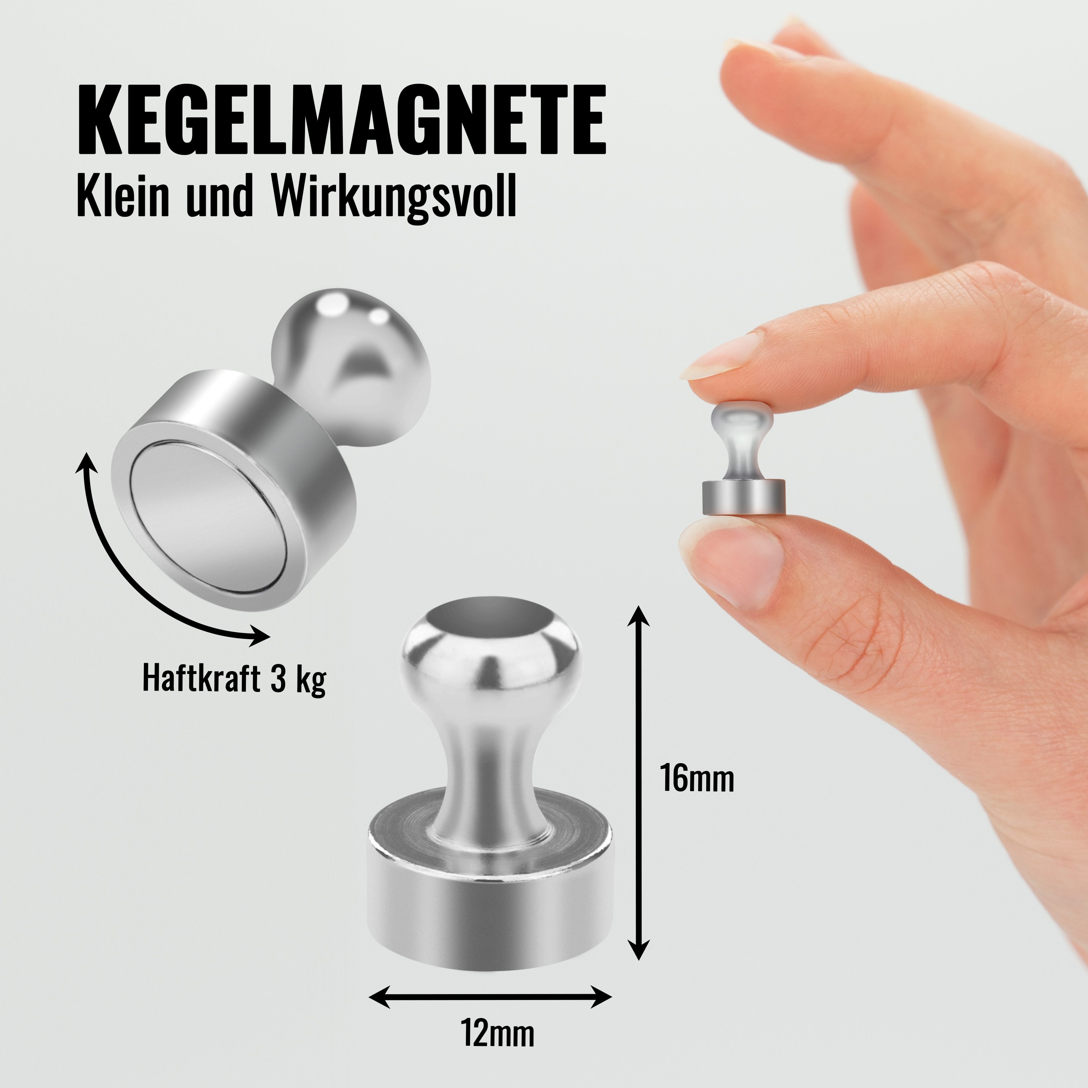 Poppstar Magnethalter (24-St), Poppstar 24x Kegelmagnet (12x16mm, stark, Haftkraft 1 Kg), silbern