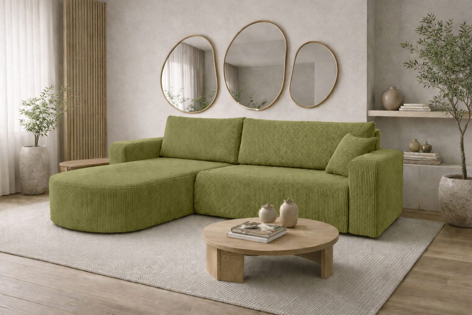 Kaiser Möbel Ecksofa mit Schlaffunktion für Wohnzimmer, Cordstoff Poso, ROUND ONE XL, XL-Format, abgerundete Form, Liegefunktion, Stauraum