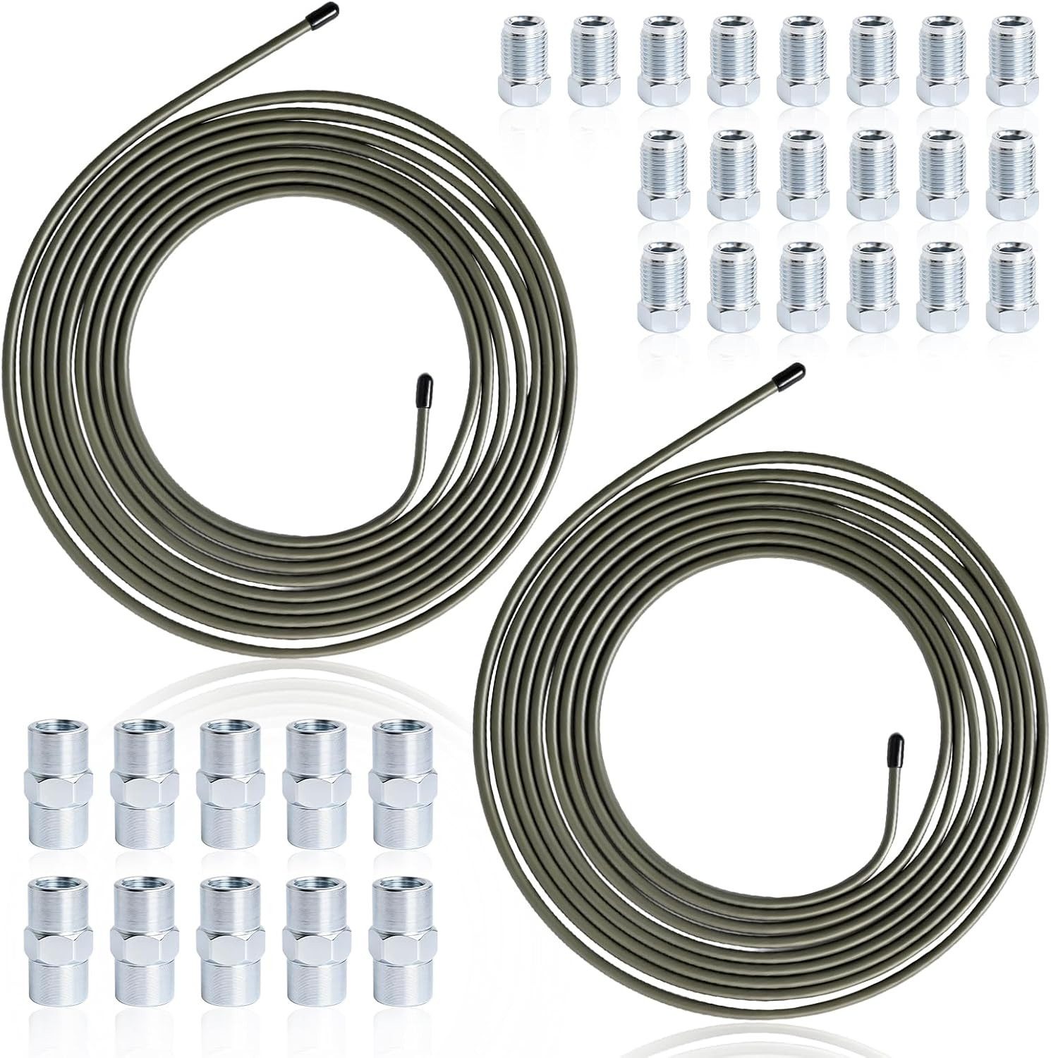 BlingBin Kupferrohr 2x 5m verkupfertes Stahl-Bremsrohr Ø4,75mm Set, (2er Set), mit 10 Verschraubungen und 4 Verbindern, für PKW, Auto und Motorrad