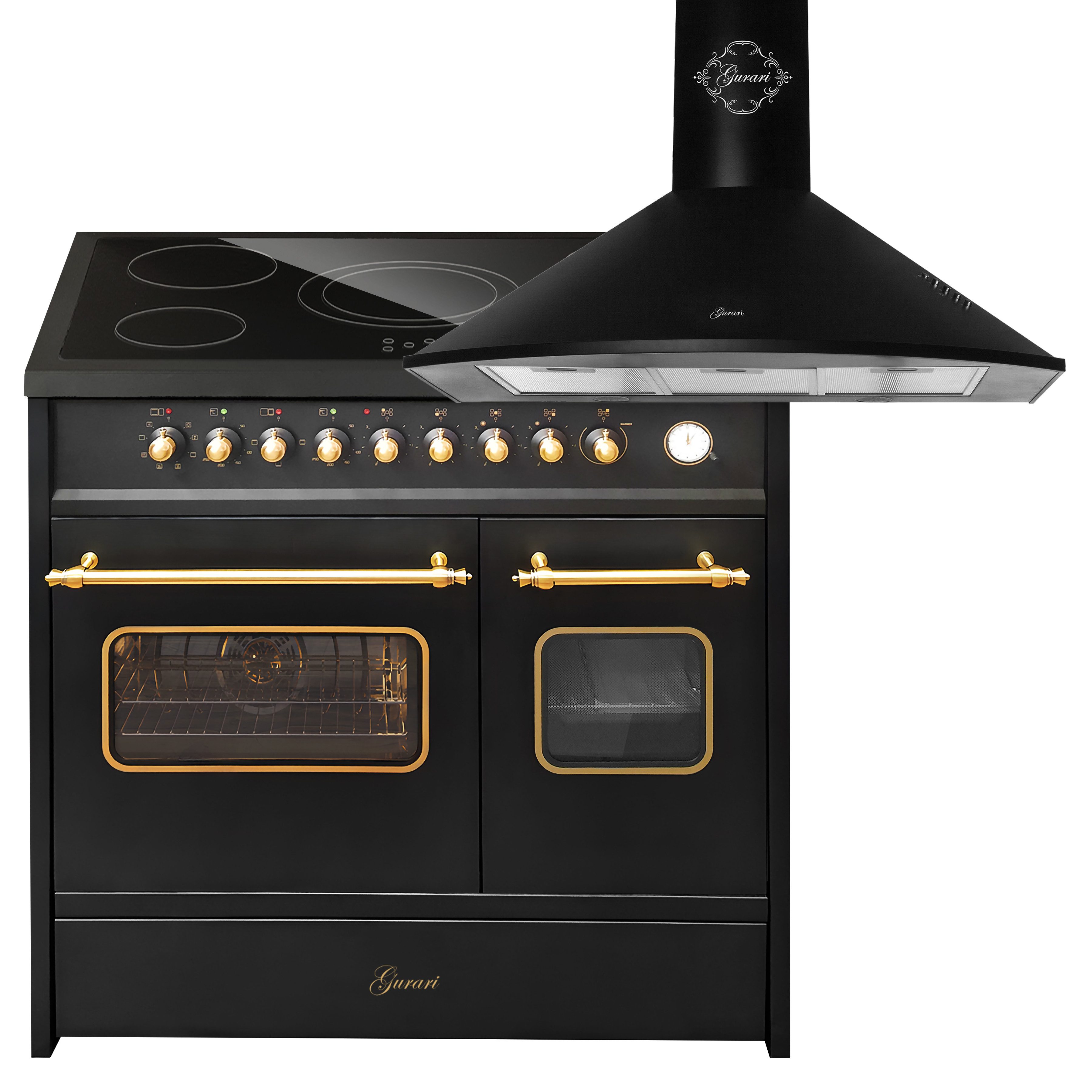 GURARI Elektro-Standherd Glaskeramik Herd 90 cm Schwarz Range Cooker Elektro Doppelbackofen mit Dunstabzugshaube 90 cm 1000m³/h Wandhaube Schwarz GCH E 912 DF BL r+GCH 046 Bl 9., mit 1-fach-Teleskopauszug