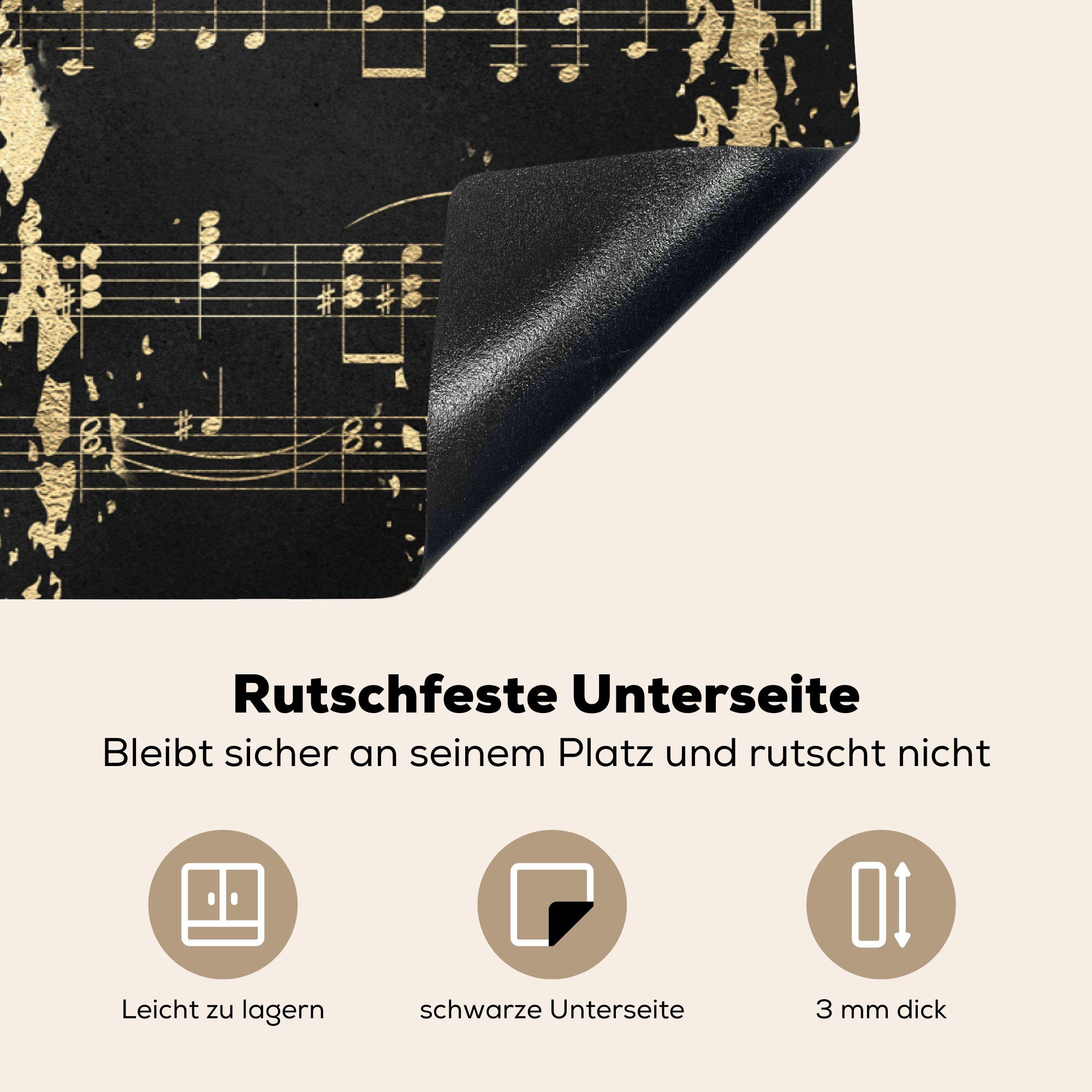 MuchoWow Herdblende-/Abdeckplatte Musik - Gold Induktionskochfeld Schutz Ceranfeldabdeckung 81x52 - küche, Schwarz, cm, (1 für die tlg), Vinyl