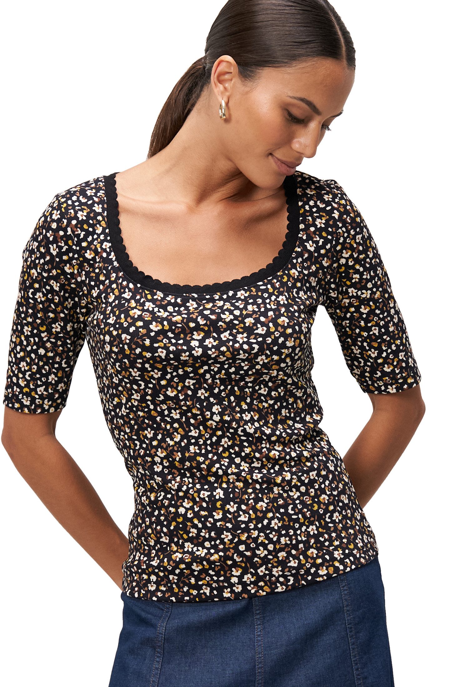 Zero Kurzarmshirt Damen Blumenshirt mit Wellensaum (1-tlg) weiteres Detail günstig online kaufen