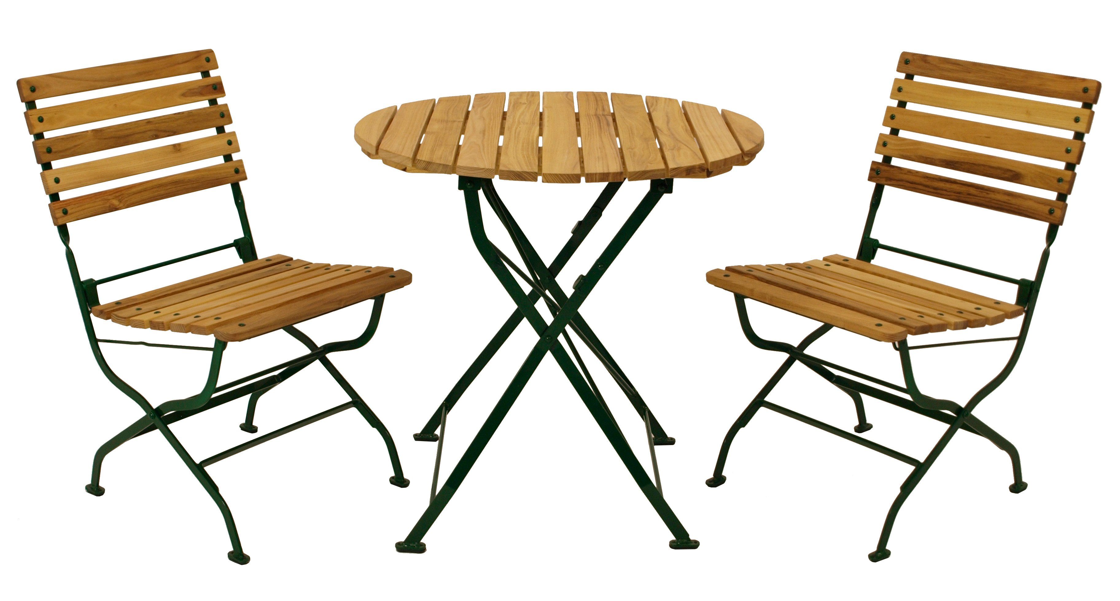 DEGAMO Garten-Essgruppe PASSAU, (3-tlg), (2x Stuhl, 1x Tisch 77cm rund), Gestell grün + Robinie, klappbar