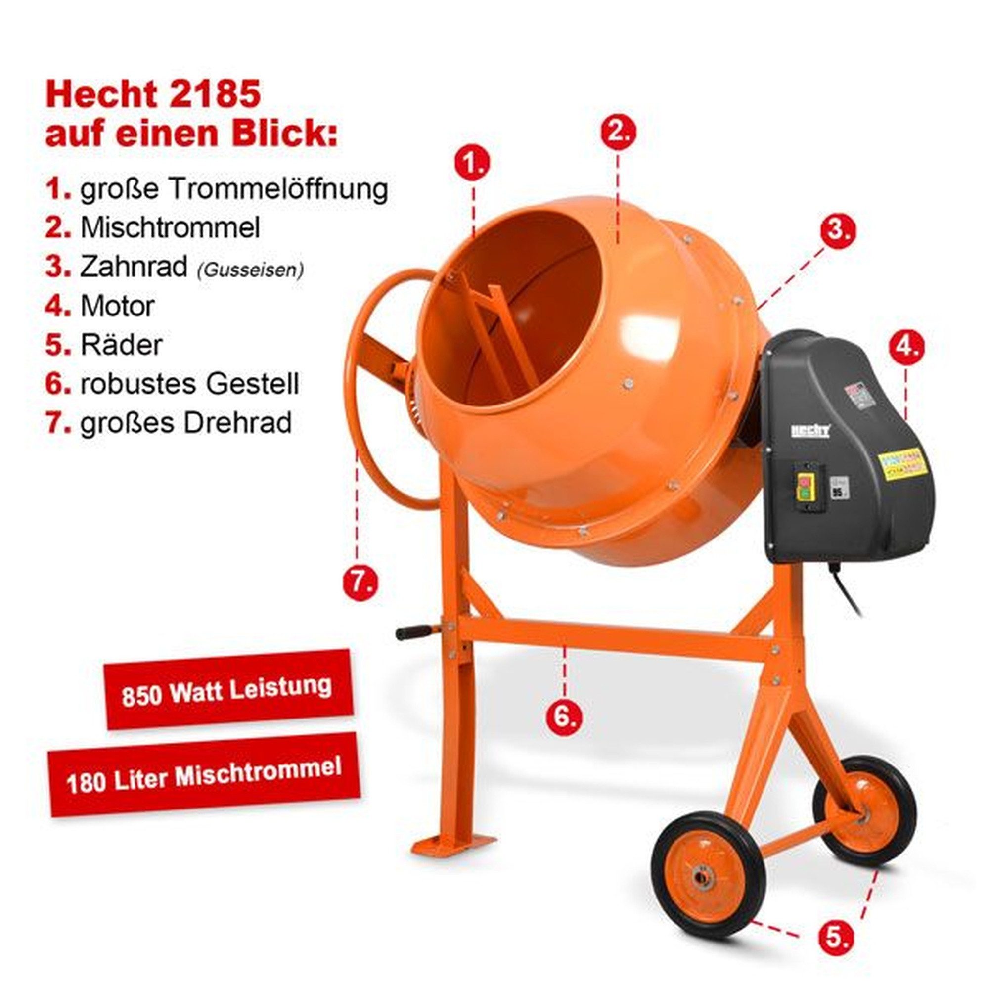 Hecht Betonmischer mit Fahrgestell Gusseisen 26 U/min 230v, 180 Liter, 850 Watt