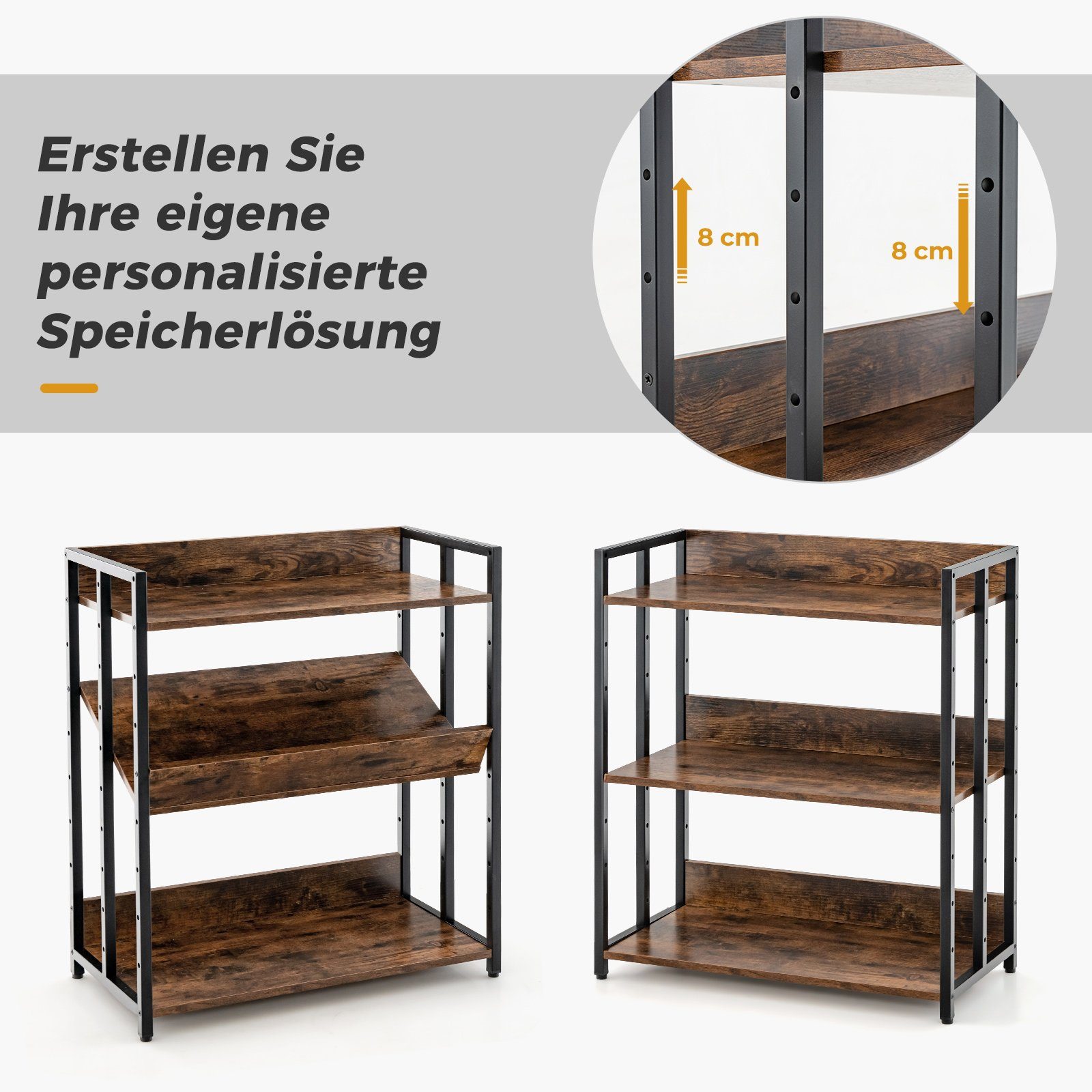 COSTWAY Bücherregal, 3 Ebenen, mit verstellbaren Regal, Metall, 70x35x81cm