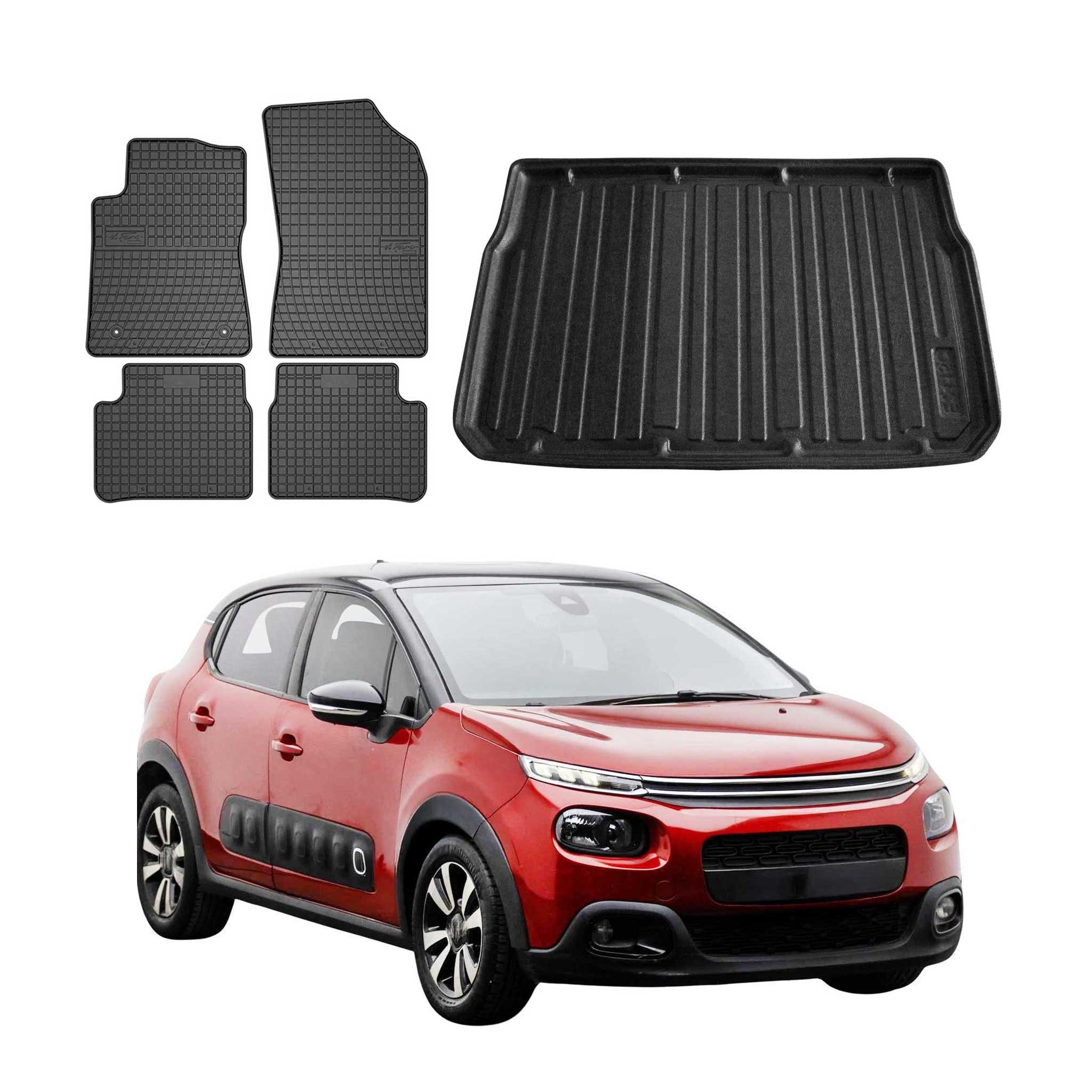 OMAC Auto-Fußmatten Fußmatten & Kofferraumwanne Set für Citroen C3 5tür 2016-2024 5tür (5 St), für Citroen C3 Schrägheck 2016-2024 5tür Citroen C3 Schrägheck 2016-2024 5tür, Einfache Installation,Antirutsch,Leicht zu reinigen