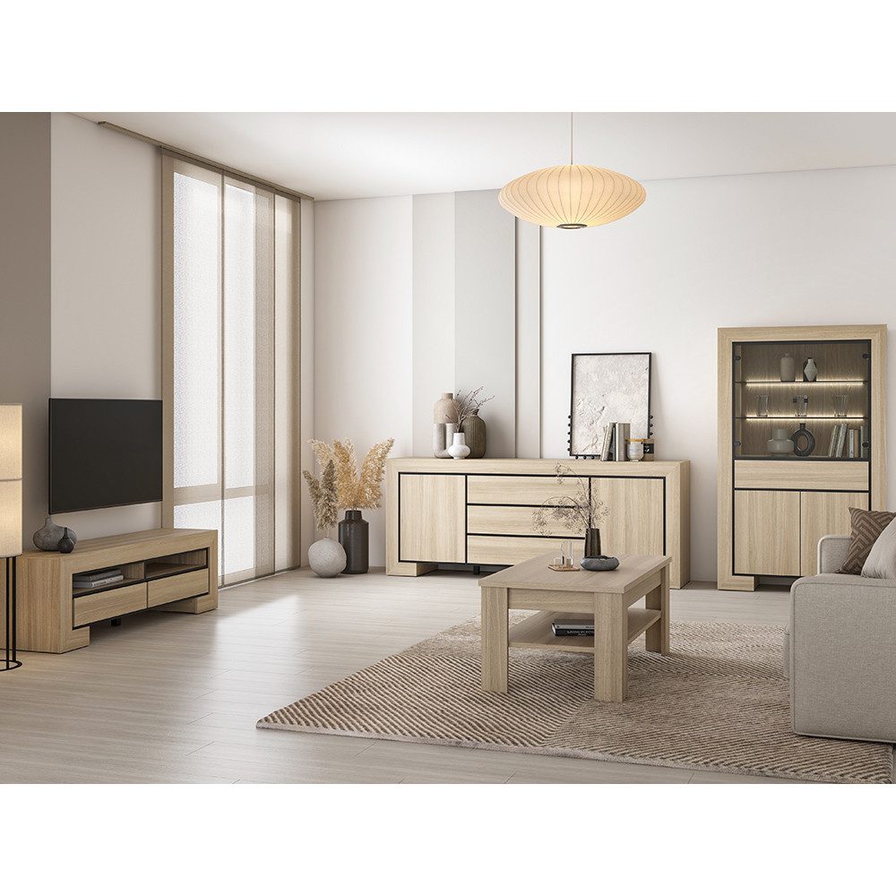 Lomadox Wohnzimmer-Set CERIALE-83, (Mega-Spar-Set, 4-St., Couchtisch Lowboard Sideboard Vitrine), in Eiche, inkl. LED-Beleuchtung, grifflos, modern