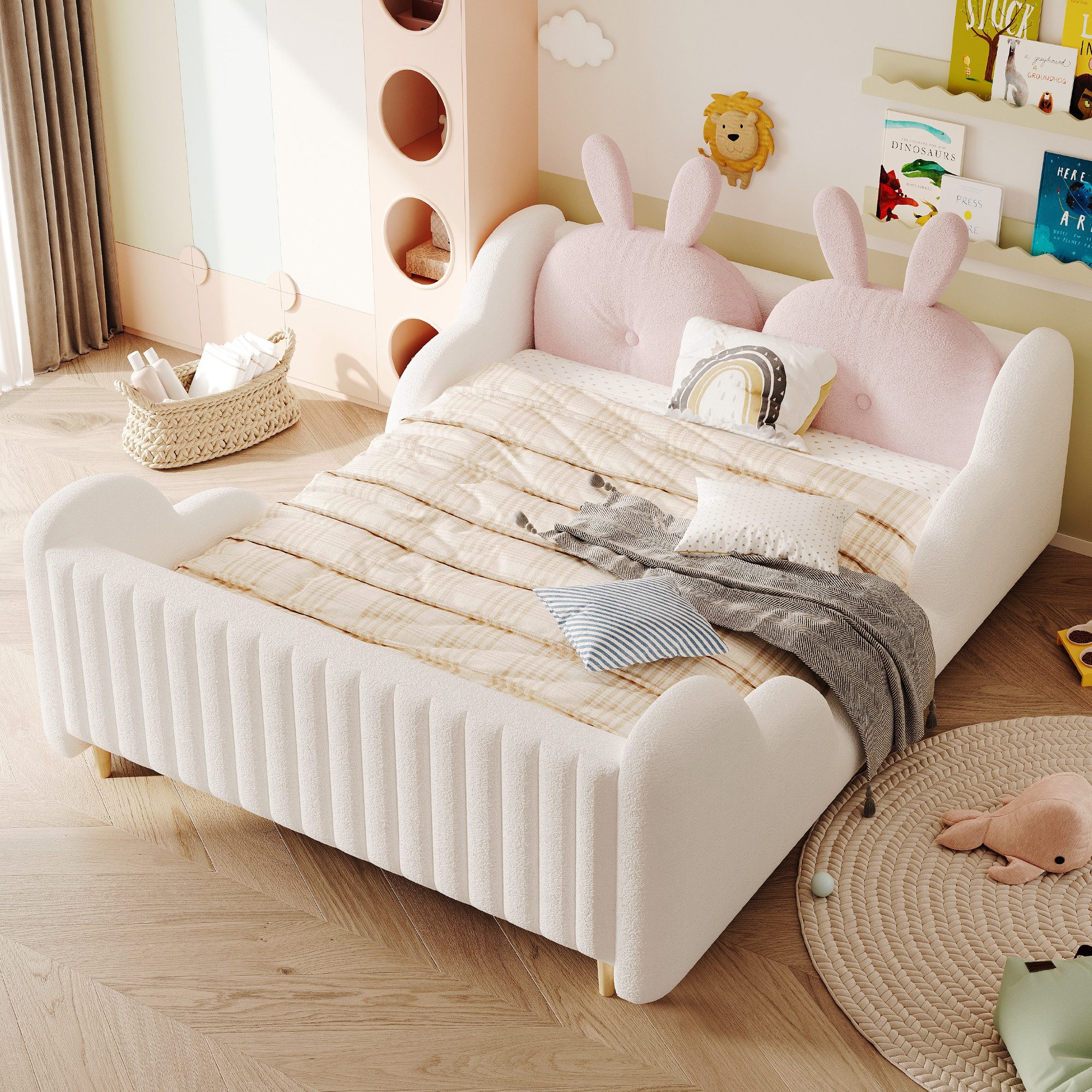 Merax Polsterbett (1-tlg., gepolstertes Plattformbett Bodenbett aus Teddysamt), Kinderbett 140x200 mit Lattenrost, Kaninchenkissen und Rausfallschutz