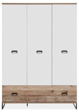 Begabino Kleiderschrank RONNY, B 143 x H 201 cm, Old Style hell Dekor, mit 3 weißen Türen und 1 großen Schublade