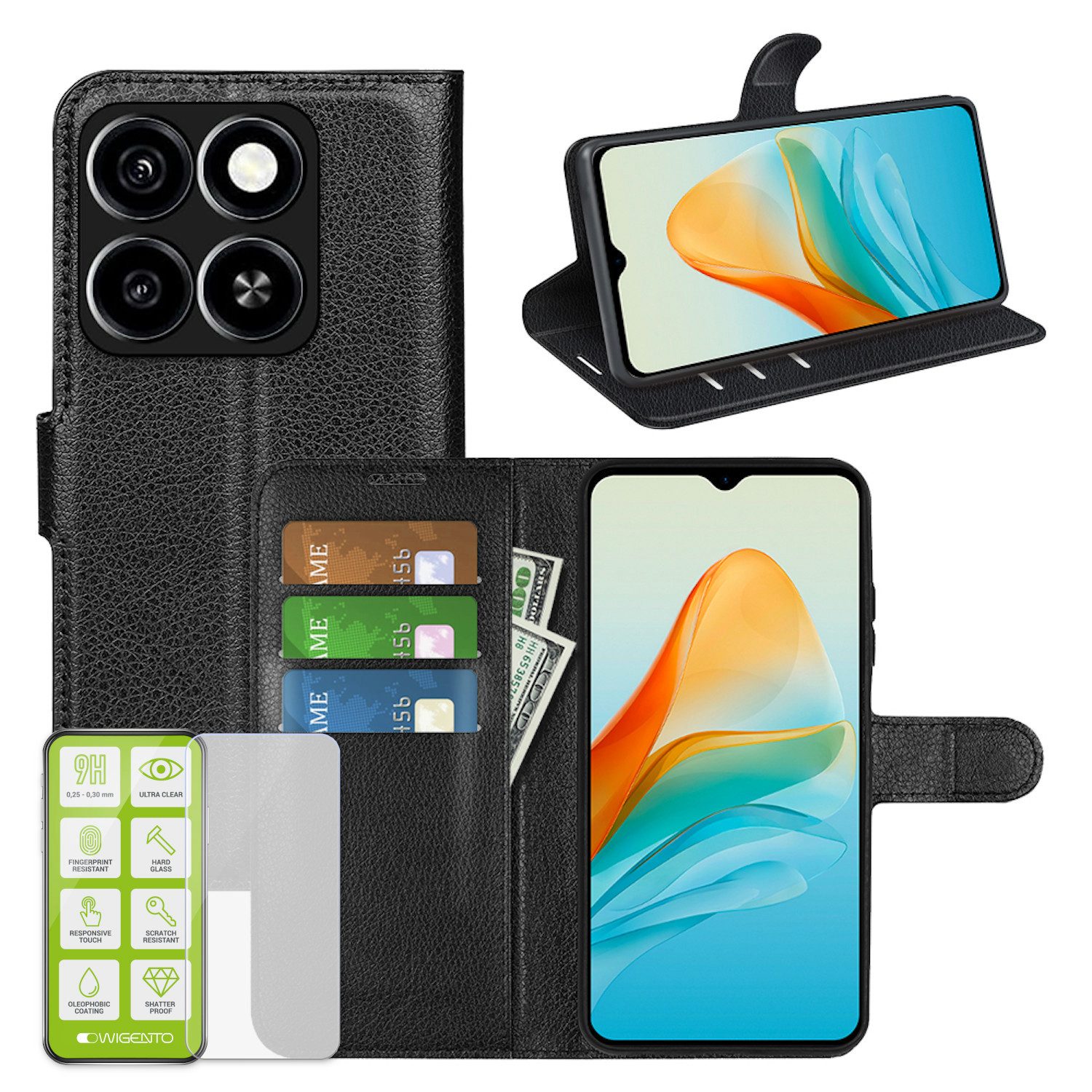 Wigento Smartphone-Hülle Für ZTE Blade A55 Kunstleder Book Wallet Tasche Case + H9 Hart Glas, Produktset Kunst-Leder Tasche + H9 Hart Glas