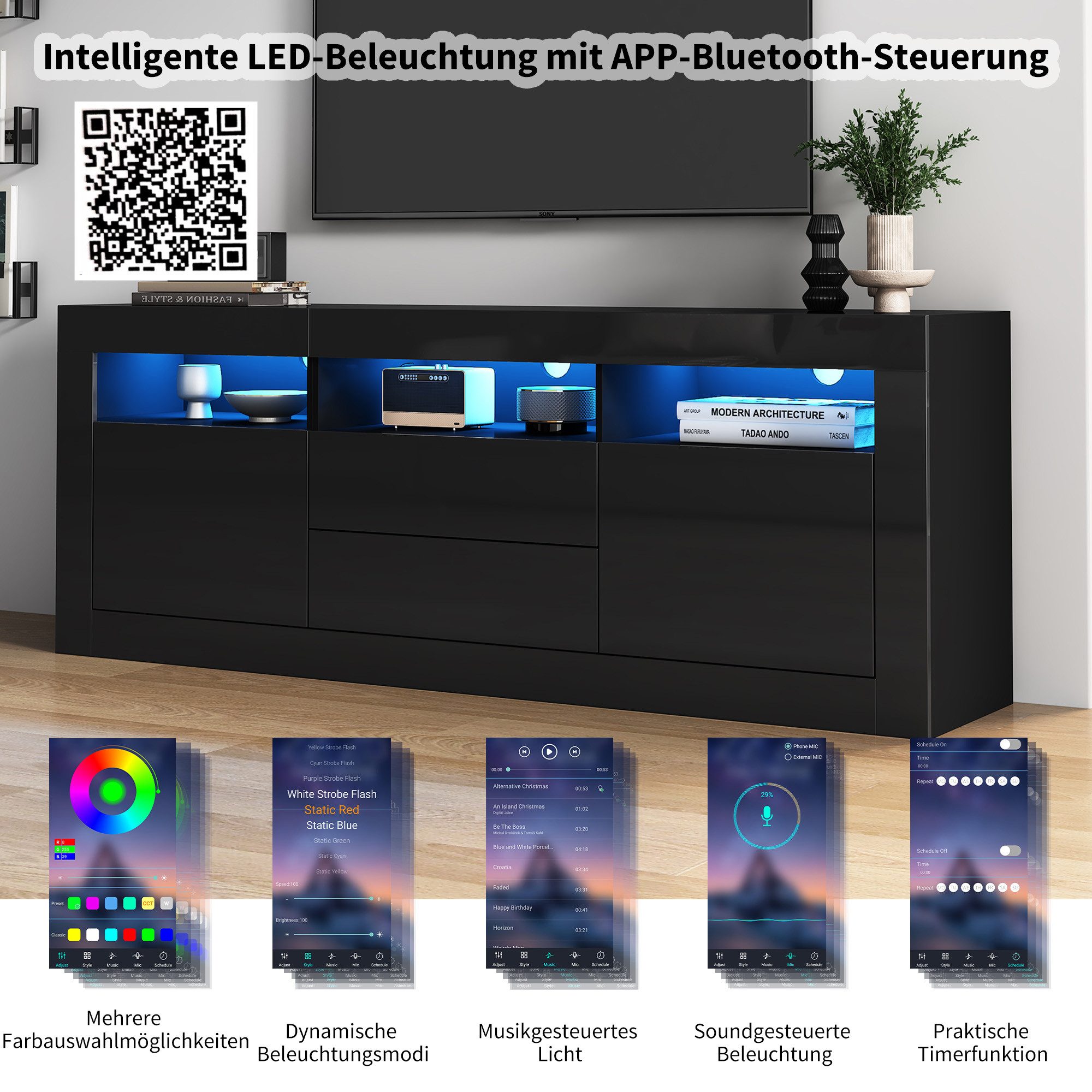 STILVORA Lowboard mit LED&Schubladen,TV-Schrank Fernsehschrank mit offenen Fächern (TV-Ständer für 70-Zoll-Fernseher, 3 offenen Fächern, 2 Türen, 2 Schubladen), mit LED-Beleuchtung