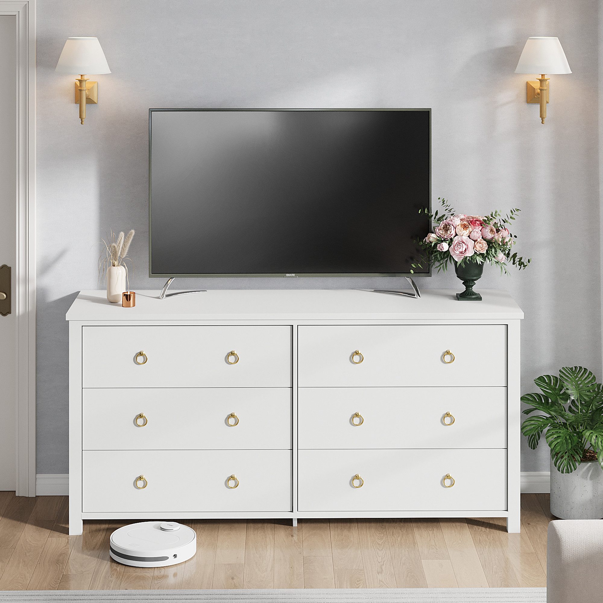 Kommode mit 6 Schubladen & Ringgriffe aus Metall, Weiß, 120 × 40 × 74 cm