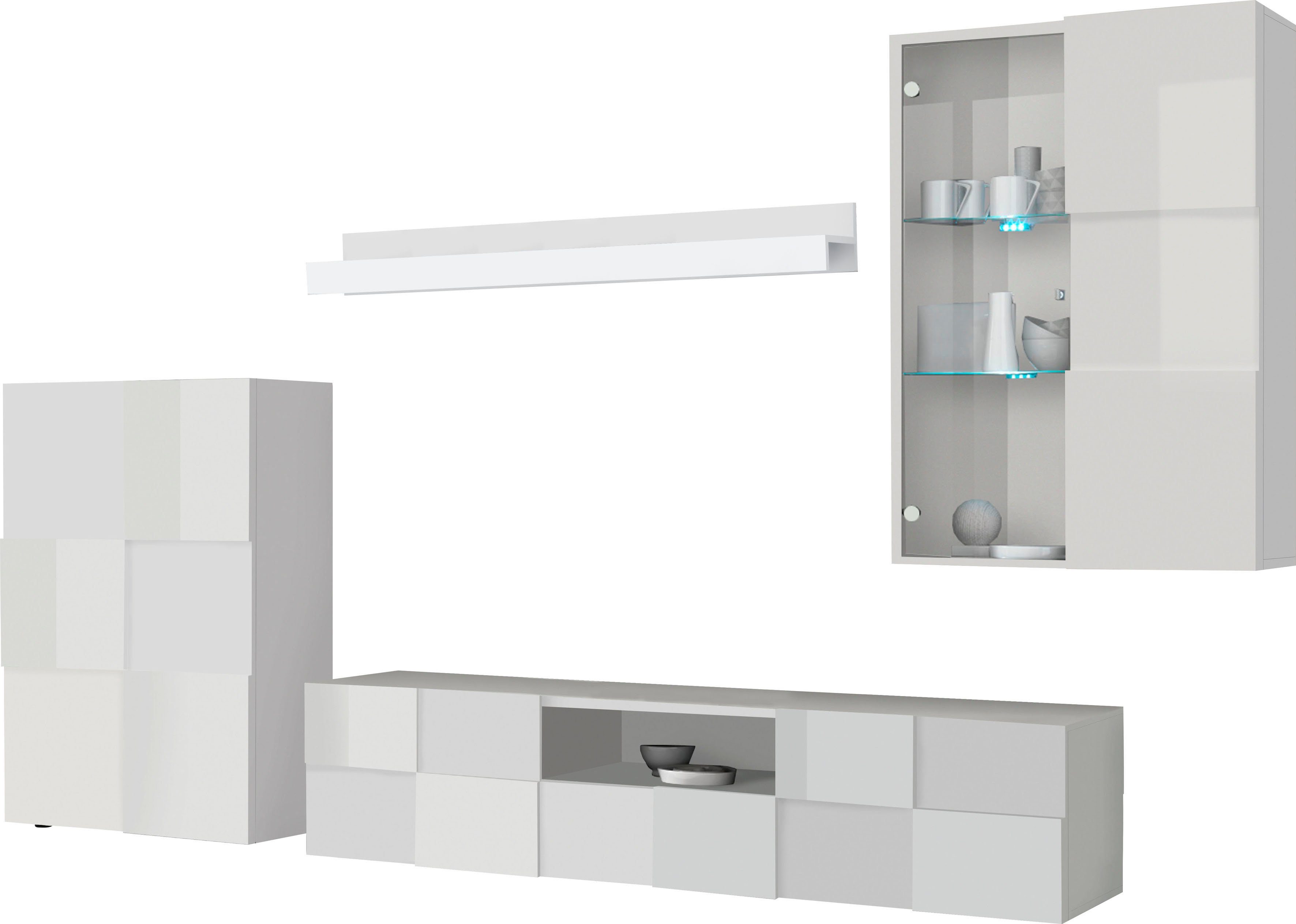 INOSIGN Wohnwand Dama, 4tlg.Breite 300 cm, Höhe 200 cm, moderne Anbauwand in 3D-Optik, (Set, 4-St), (Lowboard, Stauraumschrank, Hängevitrine, Wandboard) viel Stauraum