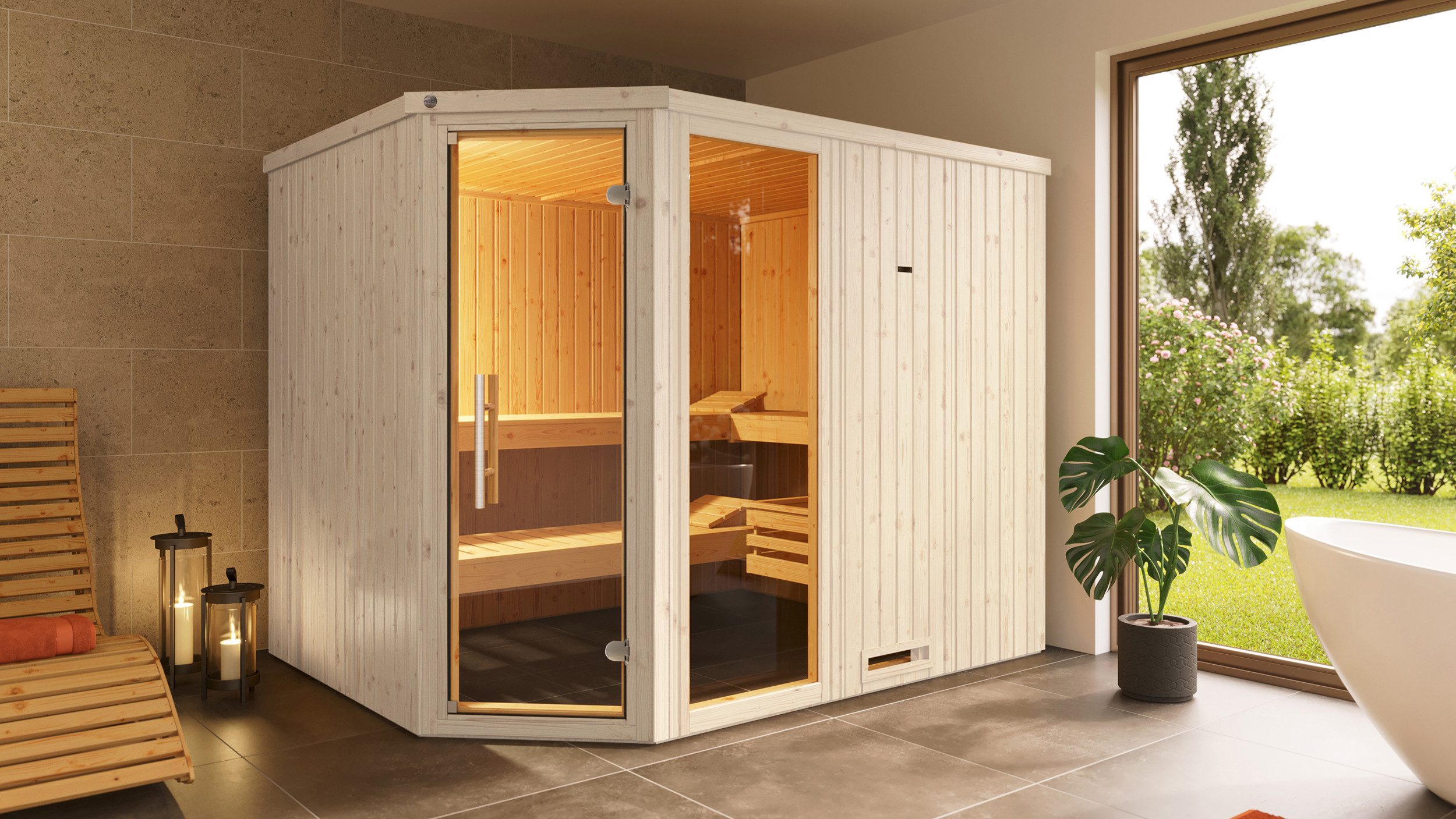 weka Sauna Element-Ecksauna VARBERG 4, BxTxH: 244 x 194 x 199 cm, 68 mm, vorgefertigte Elemente, Fensterelement, moderne Ganzglastür