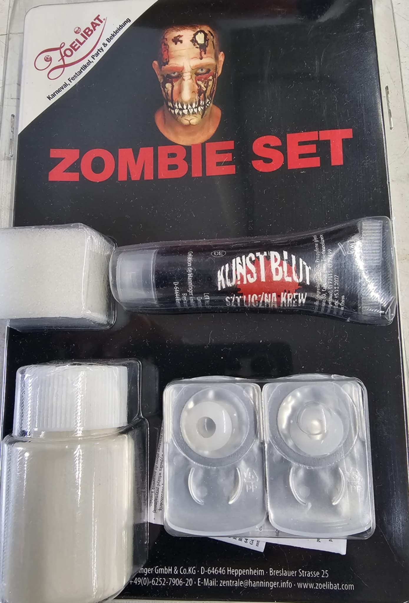 Zoelibat Zombie-Kostüm Zombie Set mit Kontaktlinsen Flüssiglatex Kunstblut Schwamm Halloween, 4-Tlg Zombie Set