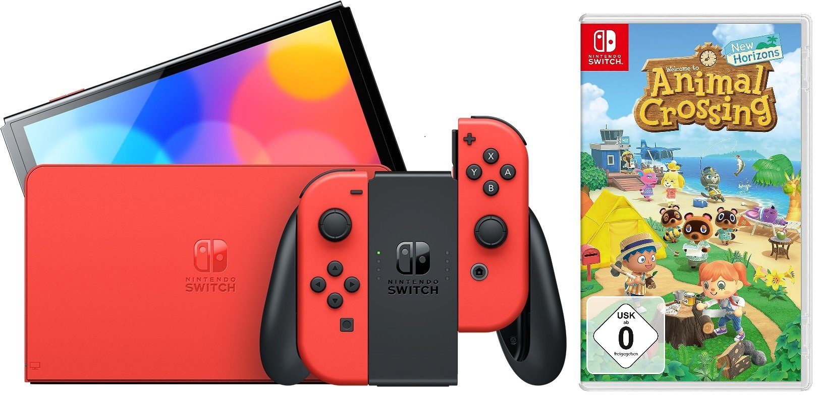 Nintendo Switch Konsole OLED Super Mario Edition Rot (Bundle, inkl. Animal Crossing: New Horizons), Handheld Spielekonsole Bundle Set