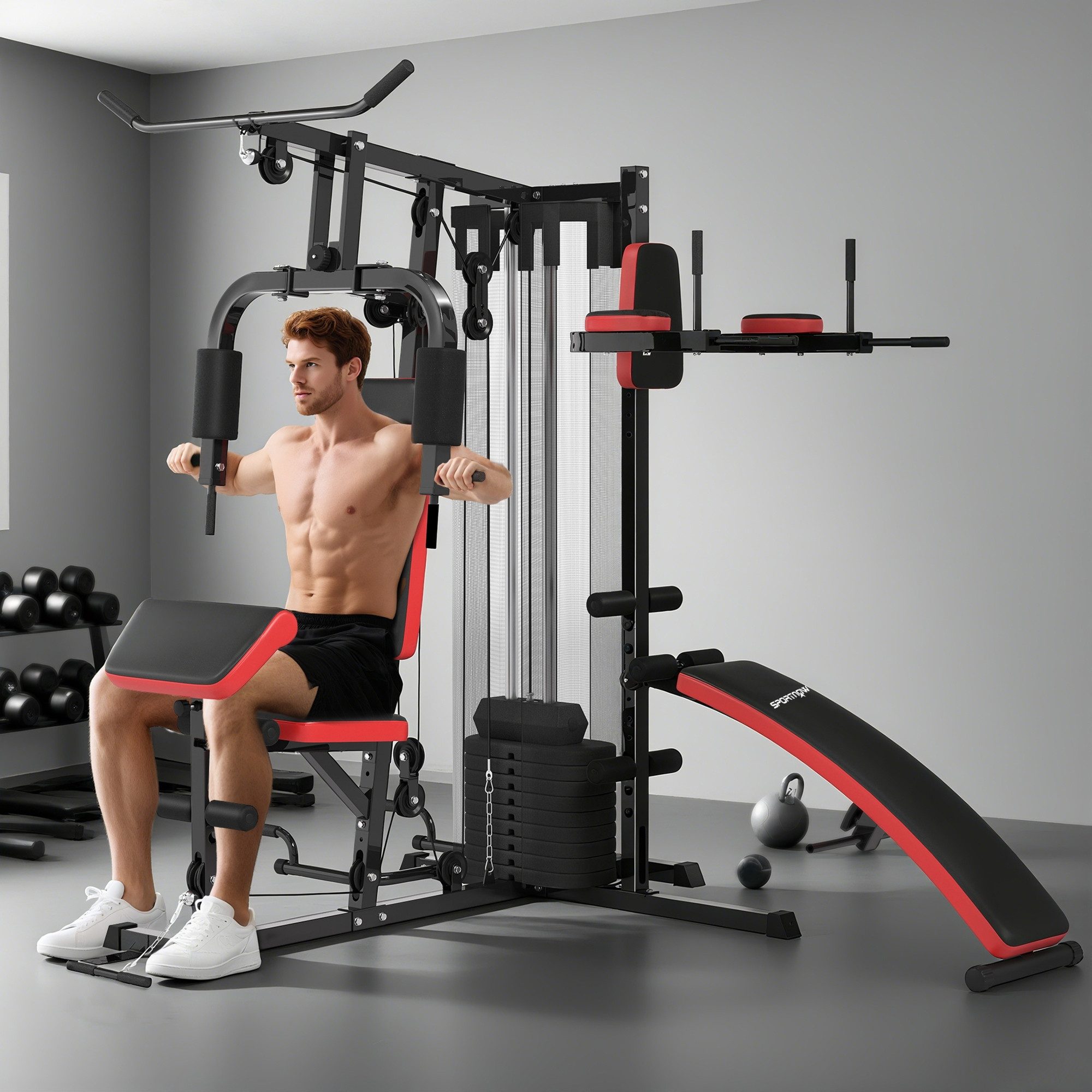 SPORTNOW Kraftstation mit Butterfly- & Latzugstange, Curler, Brustpresse, Sit-Up-Bank, 10 Gewichtsblöcke (Fitnessgerät, 1-tlg., Fitnessstation), mit 65 kg Gewichtsblöcken für Zuhause, Schwarz