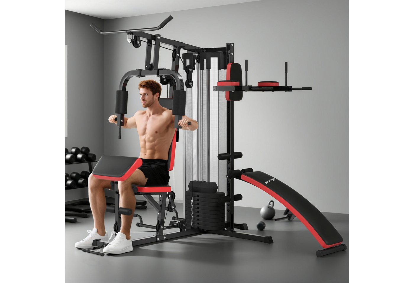 SPORTNOW Kraftstation mit Butterfly- & Latzugstange, Curler, Brustpresse, Sit-Up-Bank, 10 Gewichtsblöcke (Fitnessgerät, 1-tlg., Fitnessstation), mit 65 kg Gewichtsblöcken für Zuhause, Schwarz