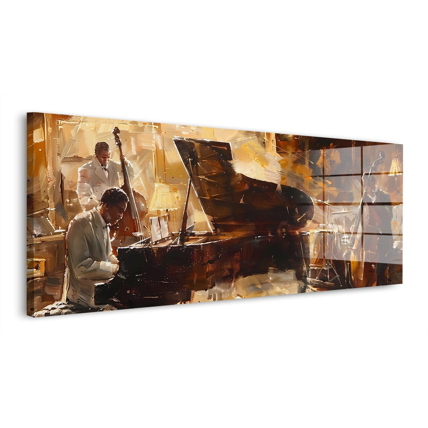 Artedinoi Acrylglasbild Jazz Band Pianist Acrylglasbild Wandbild Flügel Kontrabass Braun XXL, Jazzszene mit Pianist und Kontrabass