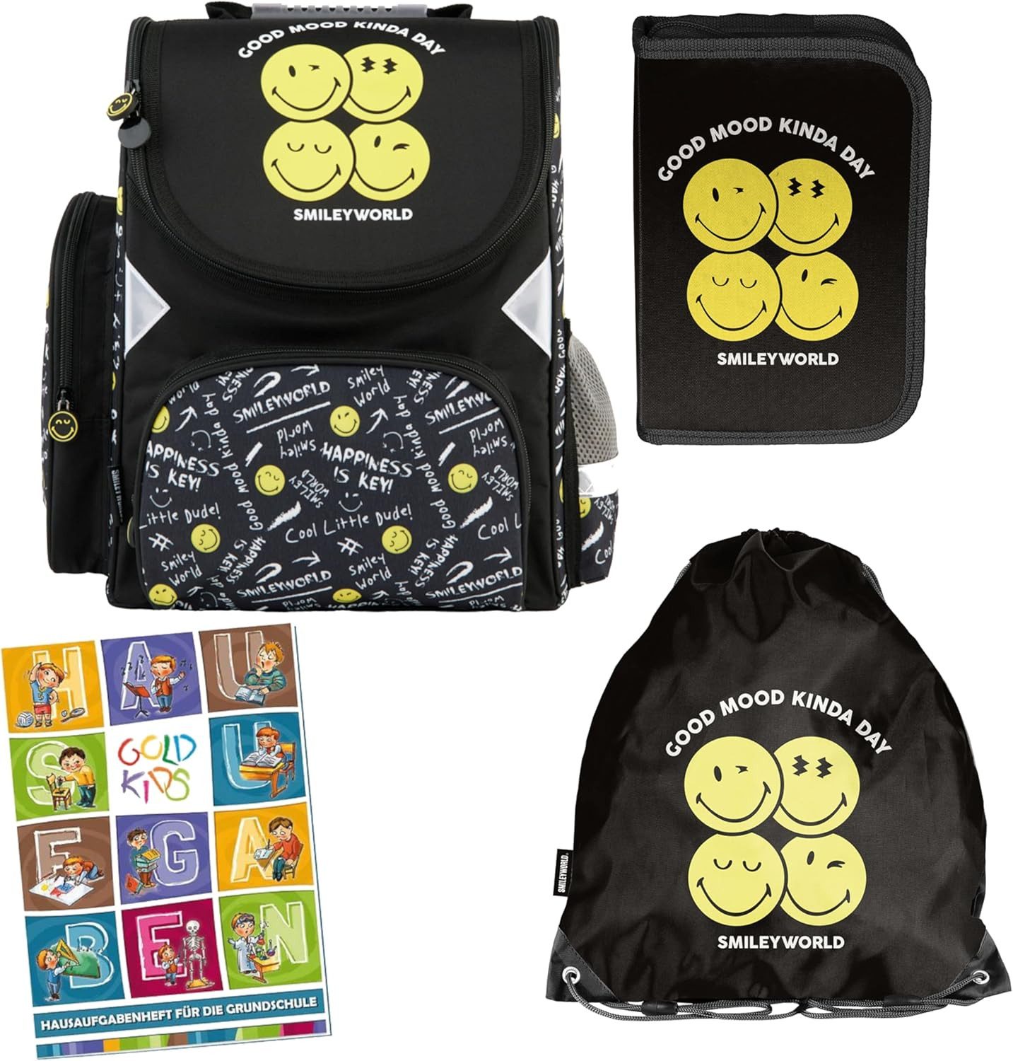 GOLDKIDS Schulranzen für Jungen und Mädchen, 4er-Set - Schul-Rucksack für (Kinder mit Federmäppchen -, 1-tlg., Schuhbeutel und Hausaufgabenheft), Emoji Motiv - 1-3 Klasse