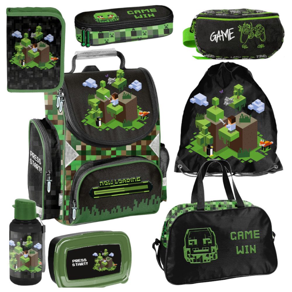 PASO Schulrucksack Mega-Set XXL (Schulset, 8-tlg), Pixels, 8-tlg. Set Schulranzen-Set Für Jungen Klasse 1–4