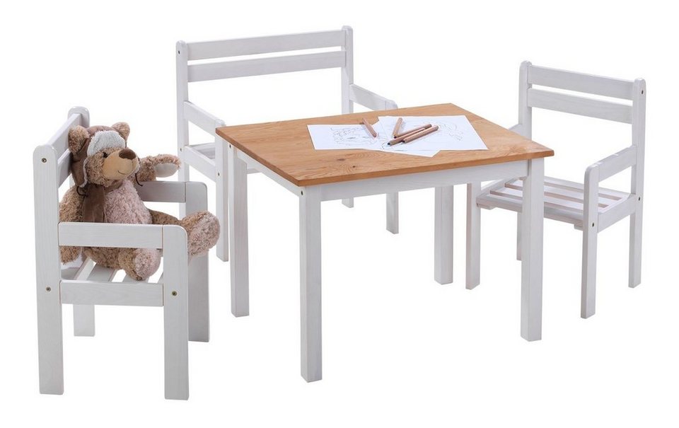 2 Sitzbank (4-tlg), Kiefernholz Home4You 1 mit Stühlen 1 Tisch, massiv, und Kindersitzgruppe,