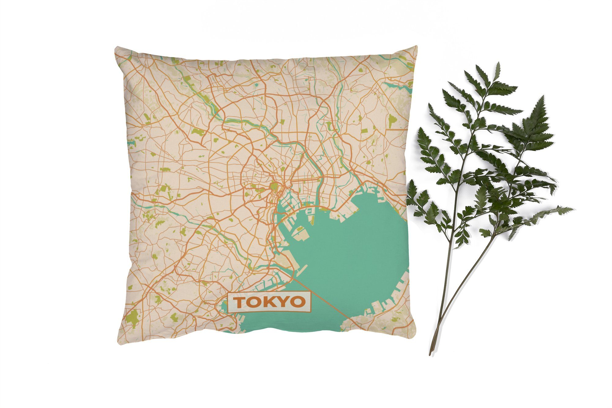 MuchoWow Dekokissen Karte - Tokio - Stadtplan - Vintage - Karte, Zierkissen mit Füllung für Wohzimmer, Schlafzimmer, Deko, Sofakissen