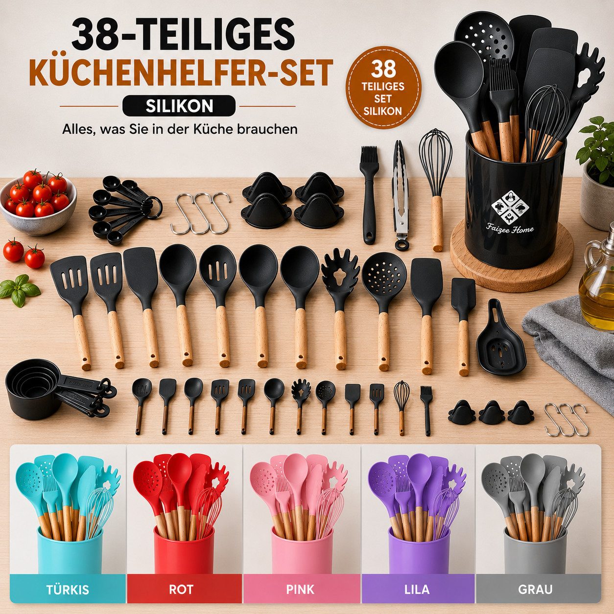 Faizee Möbel Kochbesteck-Set Kochbesteck-Set 38tlg Silikon Kochbesteck Holzgriff Küchenutensilien