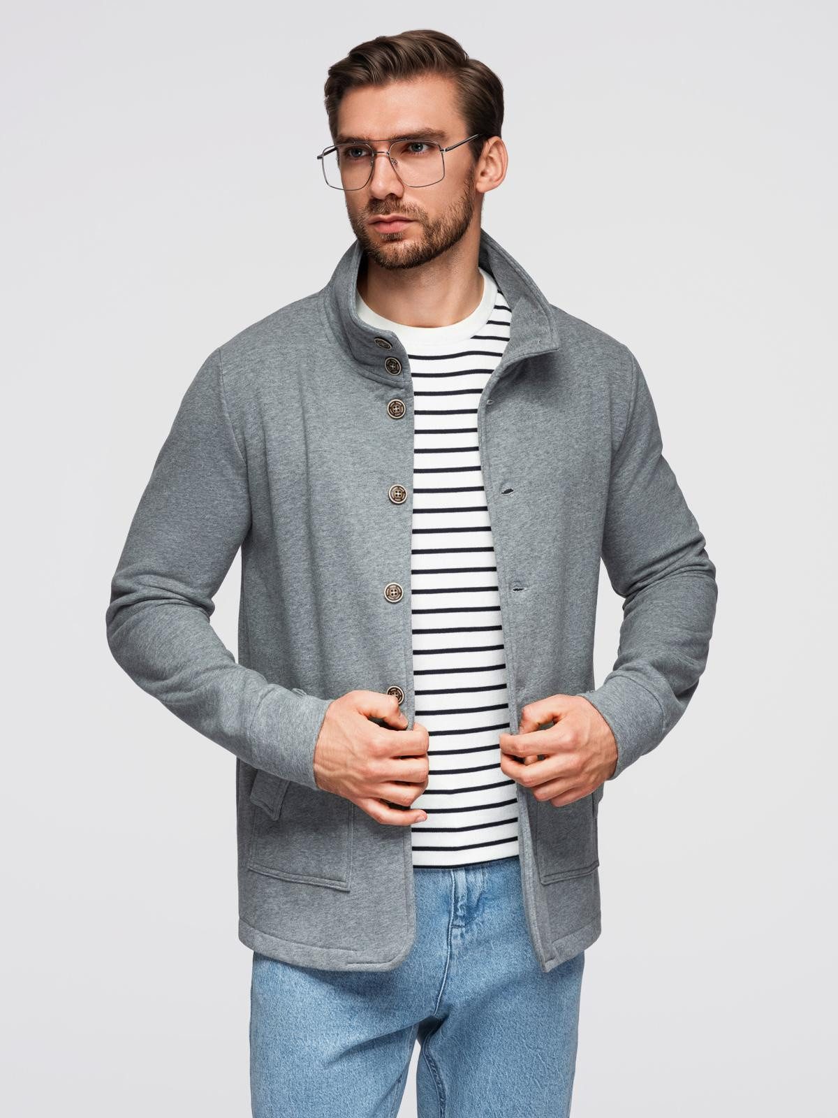 Sweatjacke Herren-Sweatshirt mit Knopfleiste und Stehkragen
