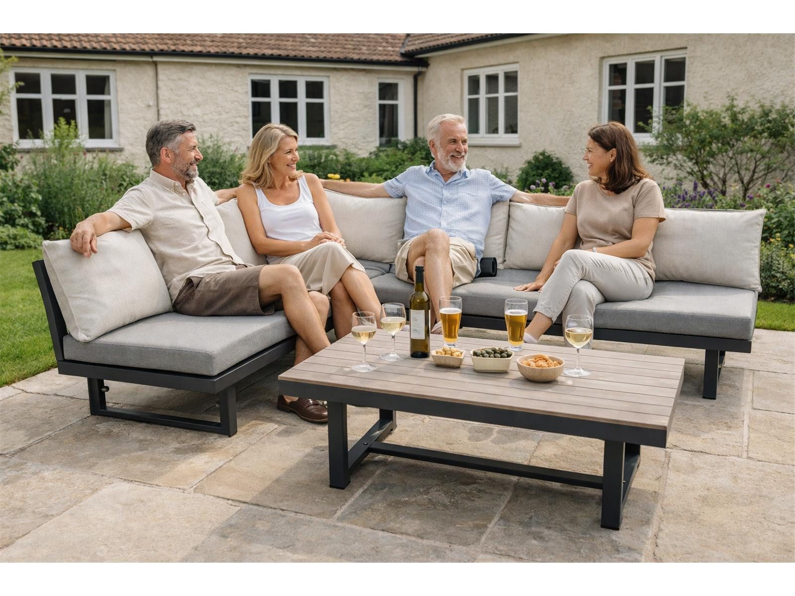 Green Spirit Loungeset Gartenlounge Manhatten, höhenverstellbare Ecklounge mit Liegefunktion, (Set, 3-tlg., 2x 3-Sitzer Bank inkl. Sitz- und Rückenkissen, 1x Tisch), Aluminium, grau, für 6 Personen, wetterfest, Garten, Terrasse, Outdoor