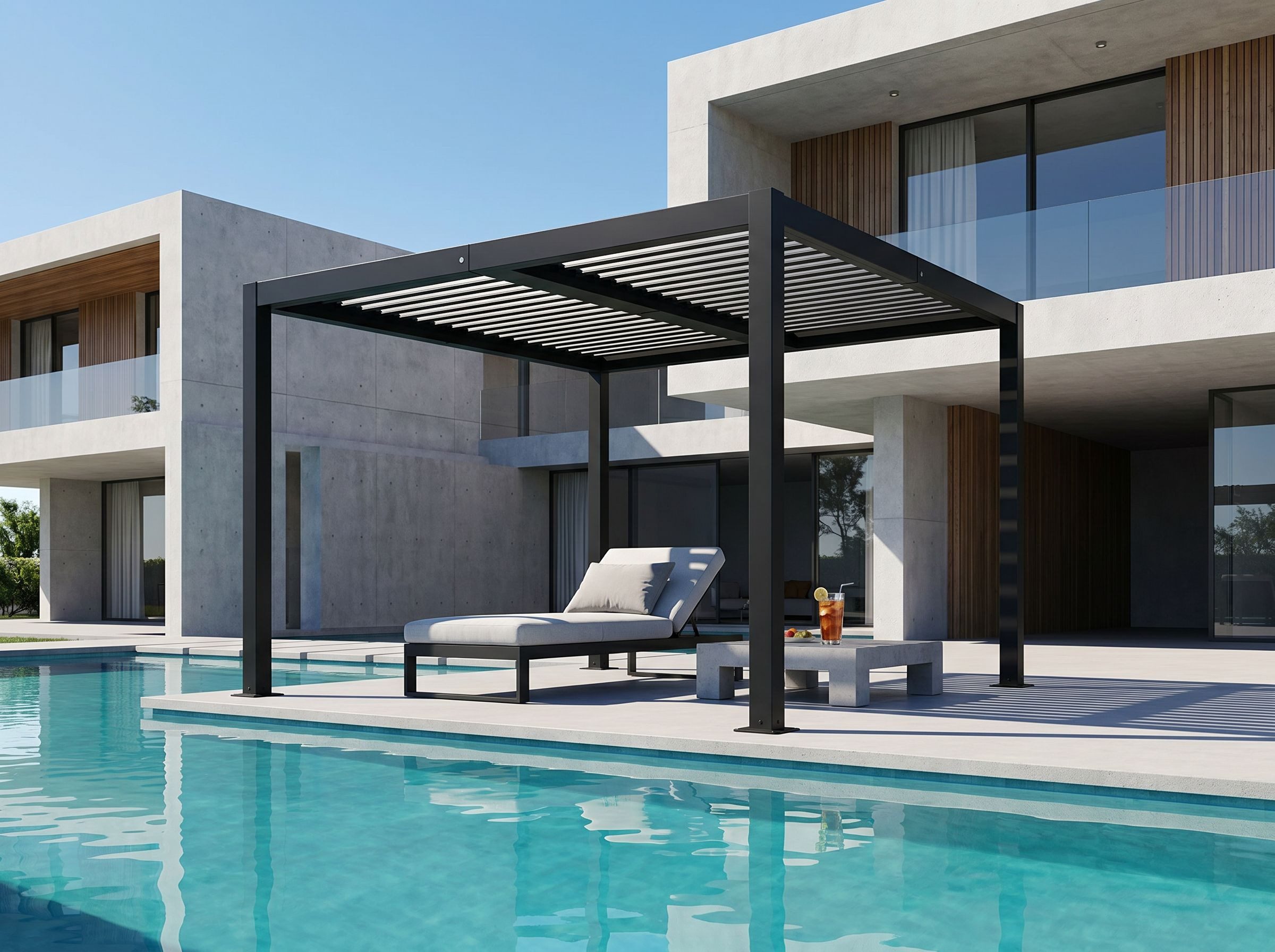 BBG Pavillon Aluminium Eisen Lamellendach mit stabilen 100x100mm Pfosten, (pulverbeschichtetem Rahmen und wetterfesten Eisen-Lamellen für langlebigen Sonnenschutz)