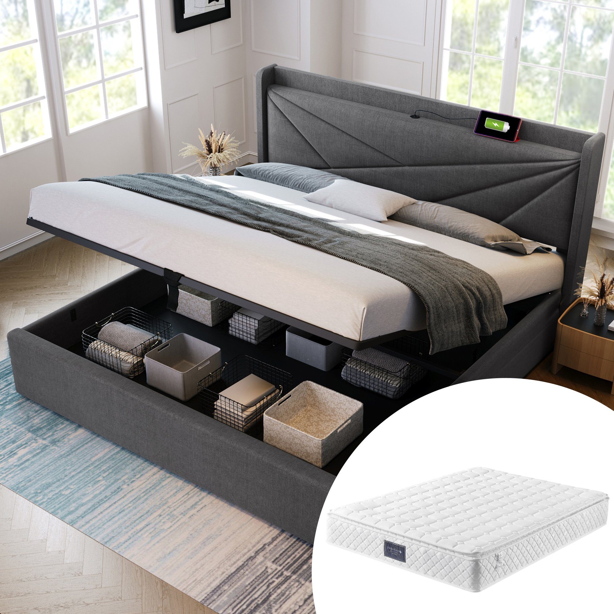 Polsterbett (Funktionsbett mit Lattenrost und Matratze), Stauraumbett 160x200cm mit USB Typ C Ladefunktion Kopfteil, Leinen