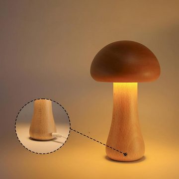 AKKEE Tischleuchte Pilz Tischlampe Holz Tischleuchte LED Dimmbar mit Touch-Schalter, Wiederaufladbare und Dimmbare, LED fest integriert, Warmweiß, USB Nachttischlampe Lampe Dekor für Wohnzimmer Restaurant Schlafzimmer