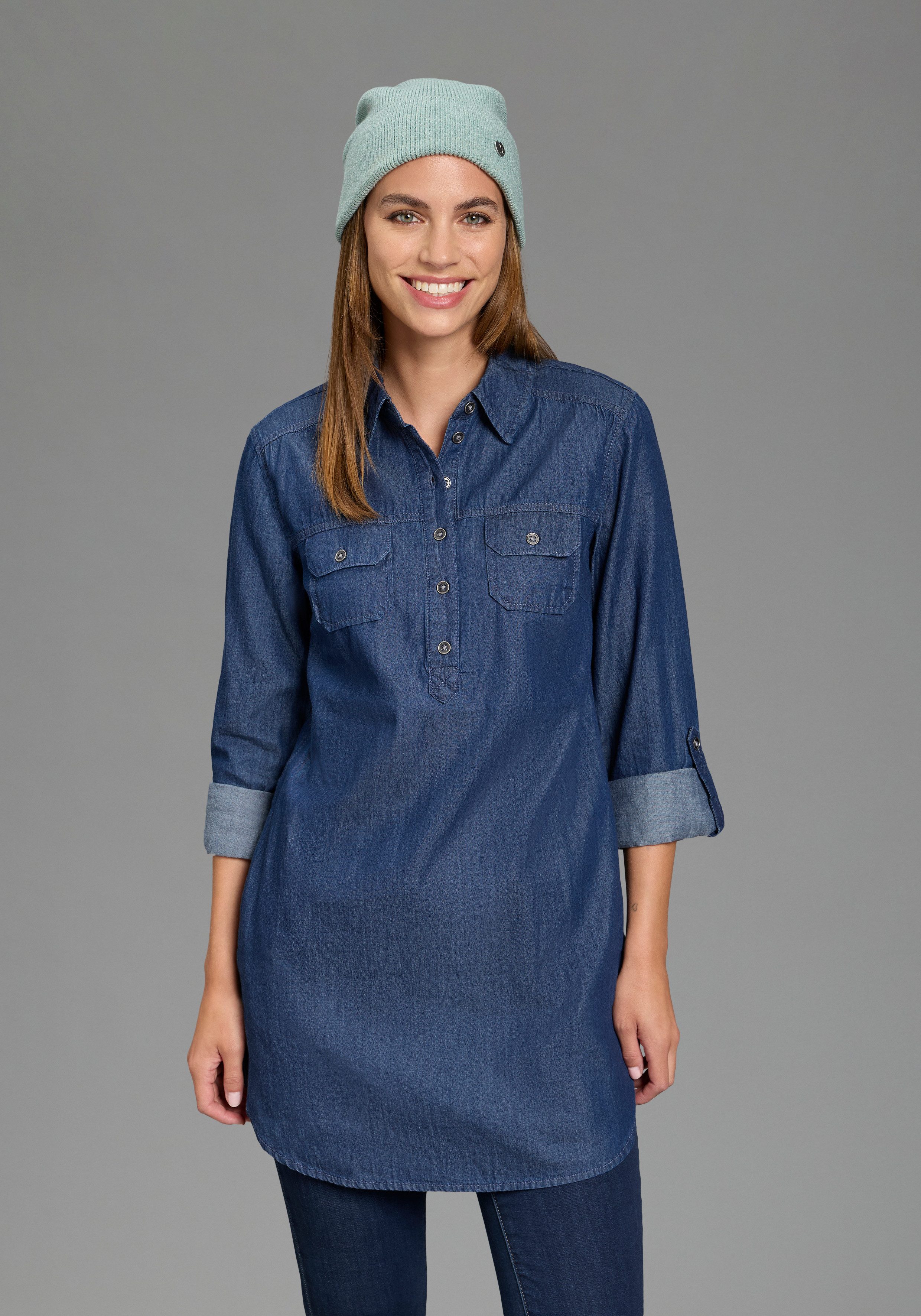 Arizona Jeansbluse Krempelärmel mit Riegel im Tunikastil