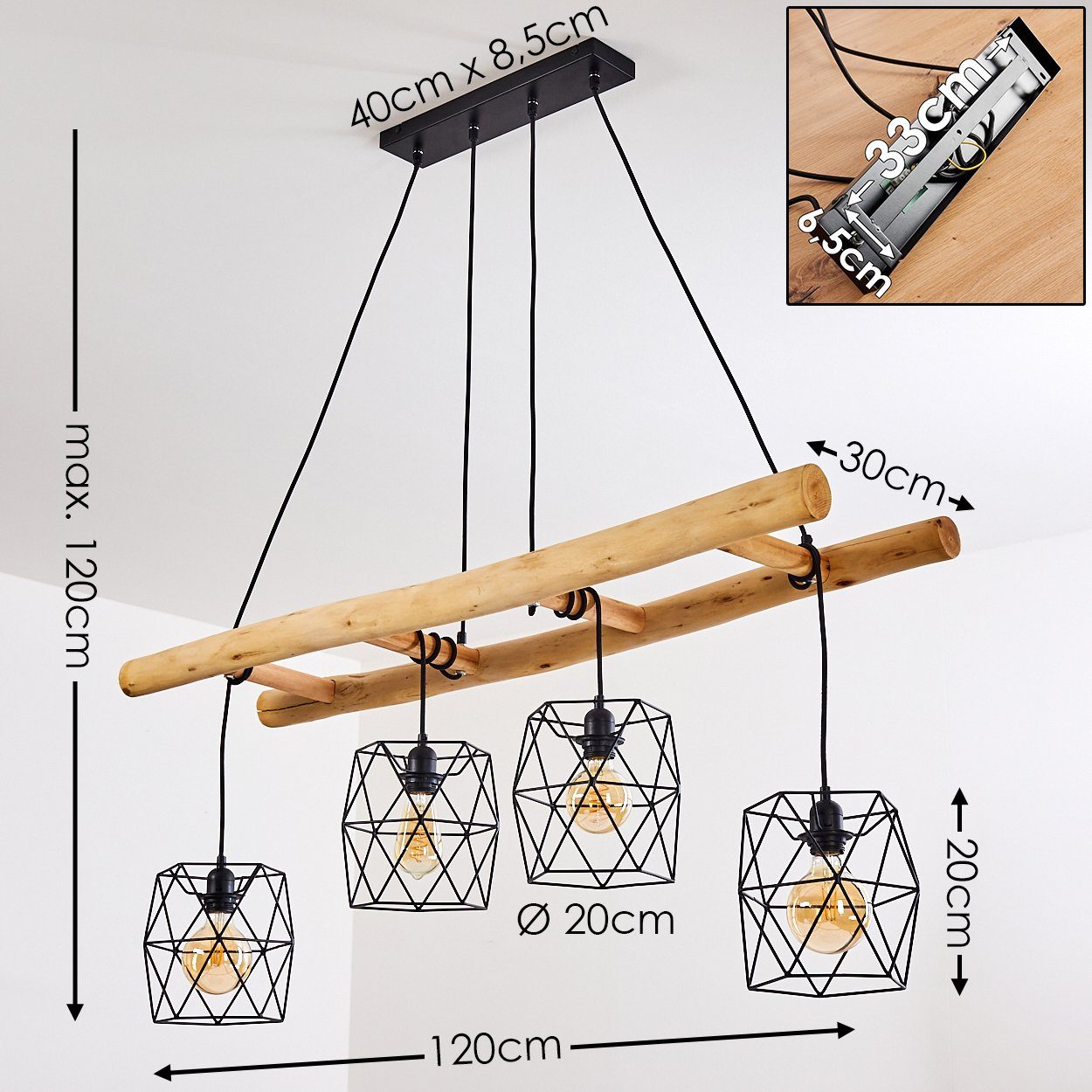 hofstein Pendelleuchte aus mit Gitter-Optik Schwarz/Natur, ohne in Hängelampe »Giarre« Leuchtmittel, höhenverstellbare Leiter-Optik 4xE27, in Schirmen in Metall/Holz