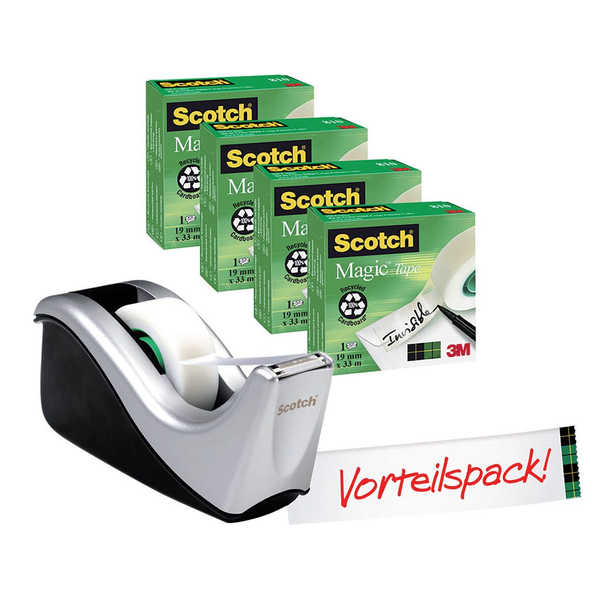 SCOTCH Klebestreifen Tischabroller - inkl. 4 Rollen Magic Tape 810 silber/schwarz.
